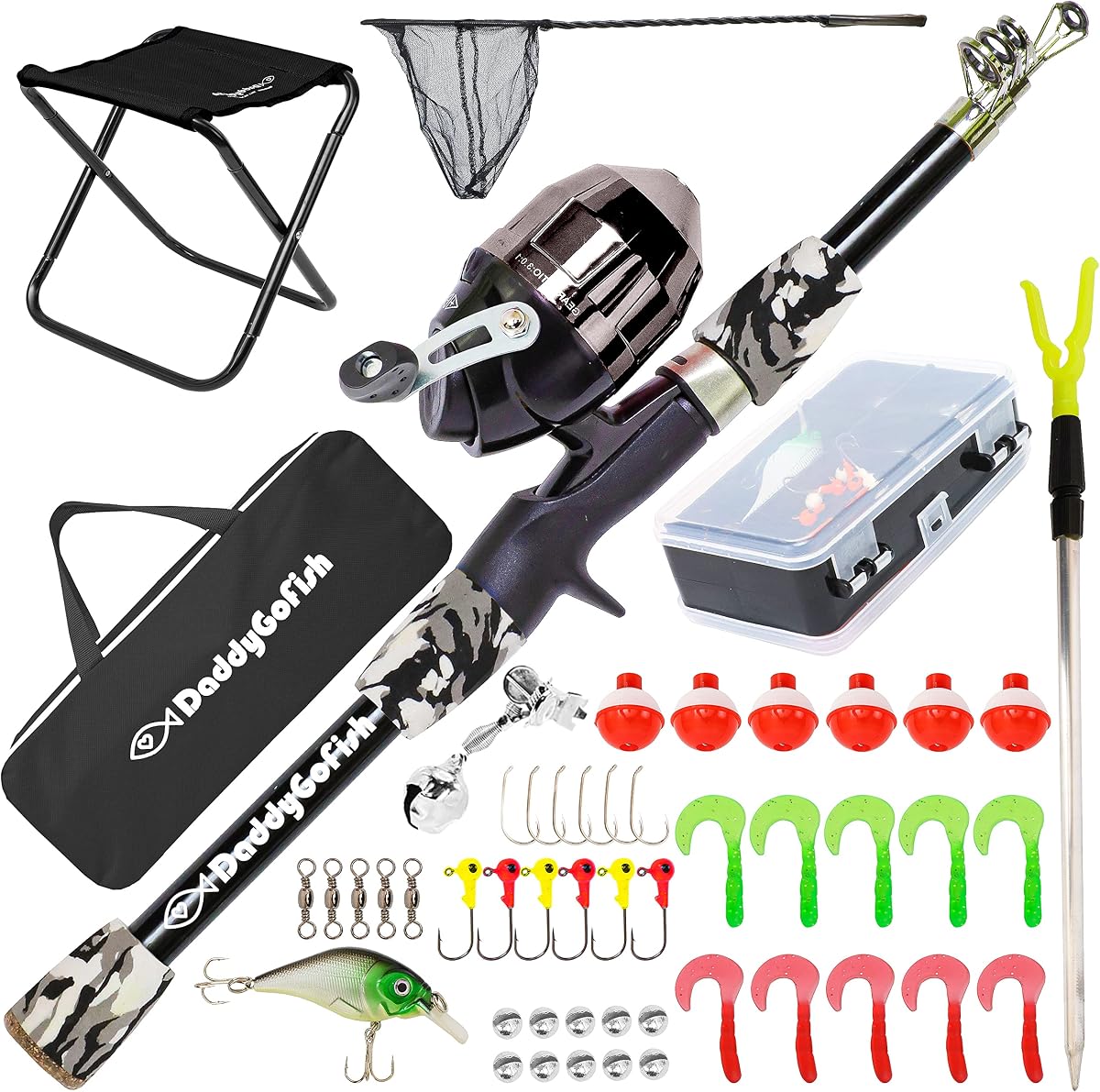 DaddyGoFish Kids Fishing Pole – Telescopic Rod &amp; Reel Combo with Collapsible Chair, Rod Holder, Tackle Box, Bait Net and Carry Bag for Boys and Girls