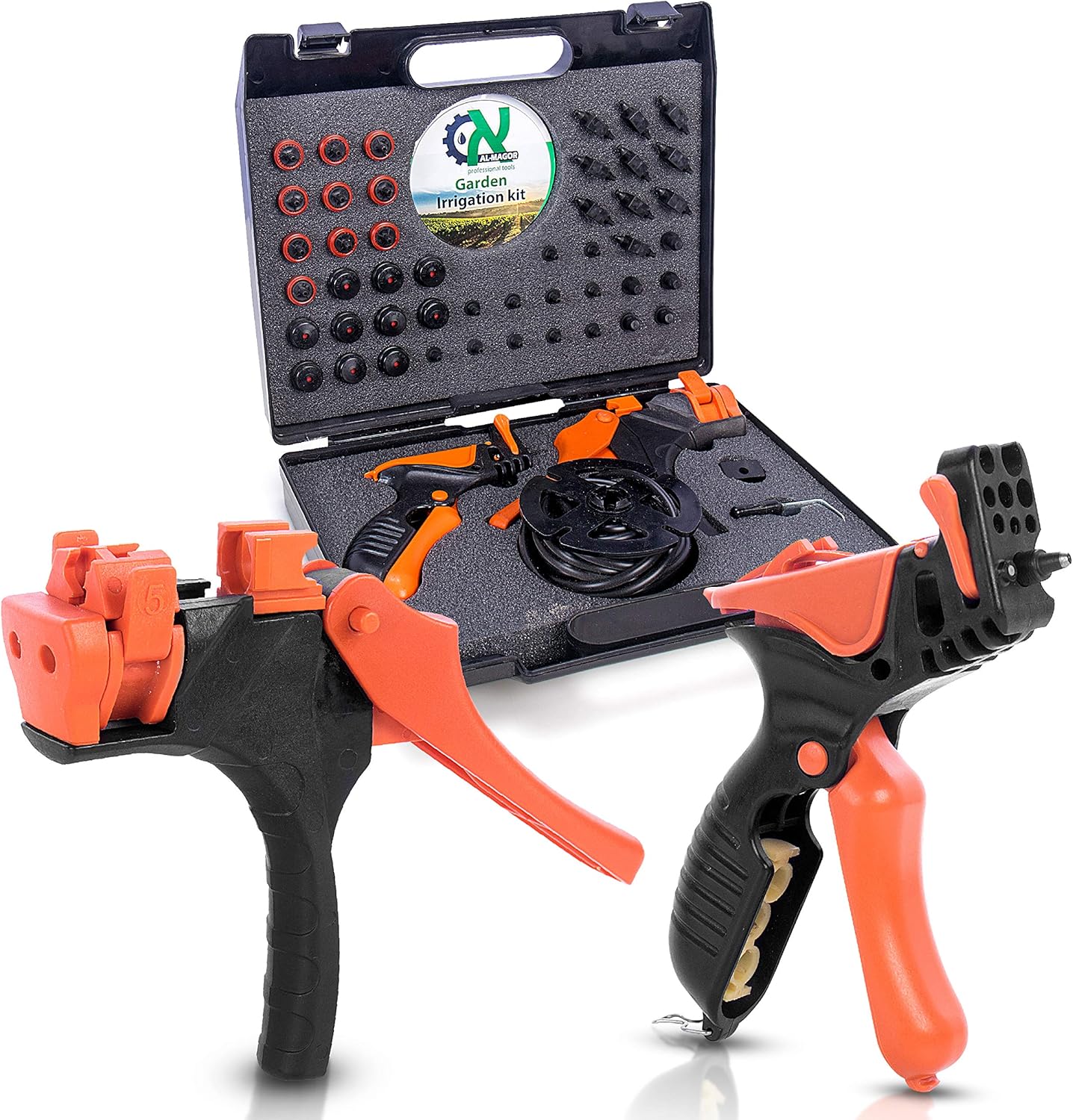Al-Magor Garden Irrigation Kit: Complete Set for Installing, Inserting Sprinklers, Drippers in PE Tube Pipes with Tools, Plugs, Connectors, and Case