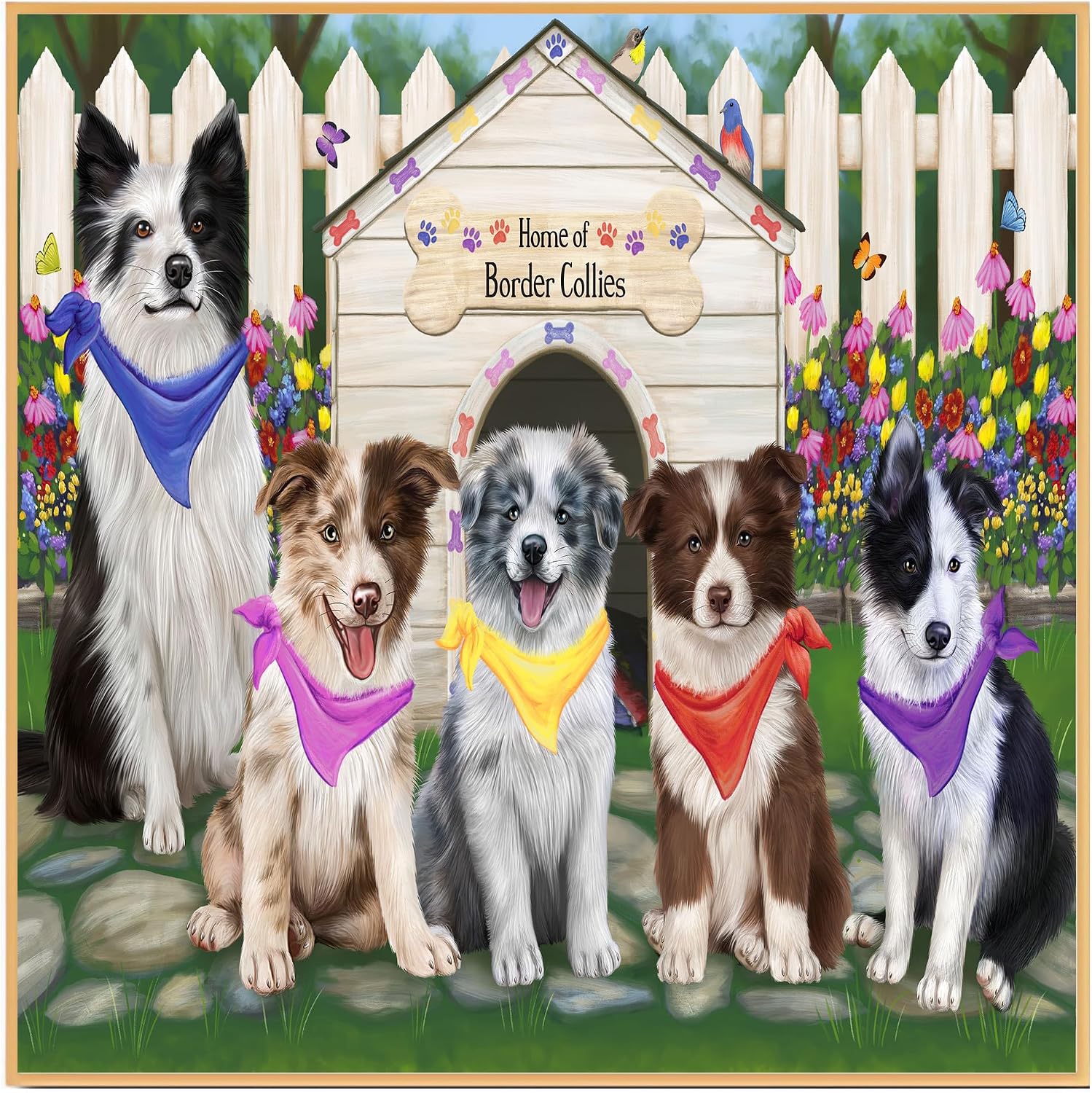 Spring Garden Dog Canvas Wall Art, Border Collie Puppy Framed Artwork, Colorful Flowers Fence Doghouse Print for Home Decoration - Floating Framed White, 24" x 36"