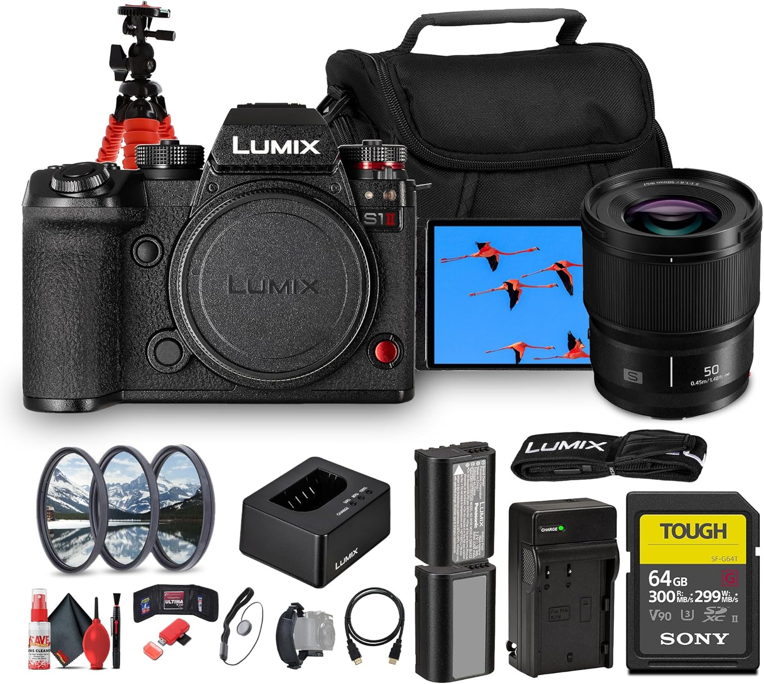 Panasonic LUMIX S1 II Mirrorless Camera | 24.2MP Full-Frame BSI Sensor, 6K Video, Dual I.S. 2, Phase Hybrid AF, 30fps Burst, L-Mount Body (DC-S1M2SBODY) + Lumix S 50mm f/1.8 Lens + Battery + More