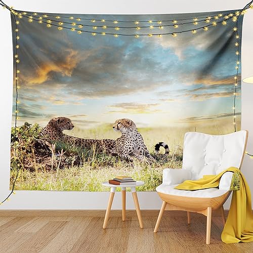 Miniatura 9 de Ambesonne Tapiz de sabana, 2 guepardos en África, naturaleza, hierba, animales peligrosos, cazadores, imagen de clima lluvioso, colgante de pared