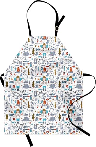 Miniatura 5 de Lunarable Funky Delantal, náutico submarino con líneas de peces y arrecife de coral oceánico, babero de cocina unisex con cuello ajustable para