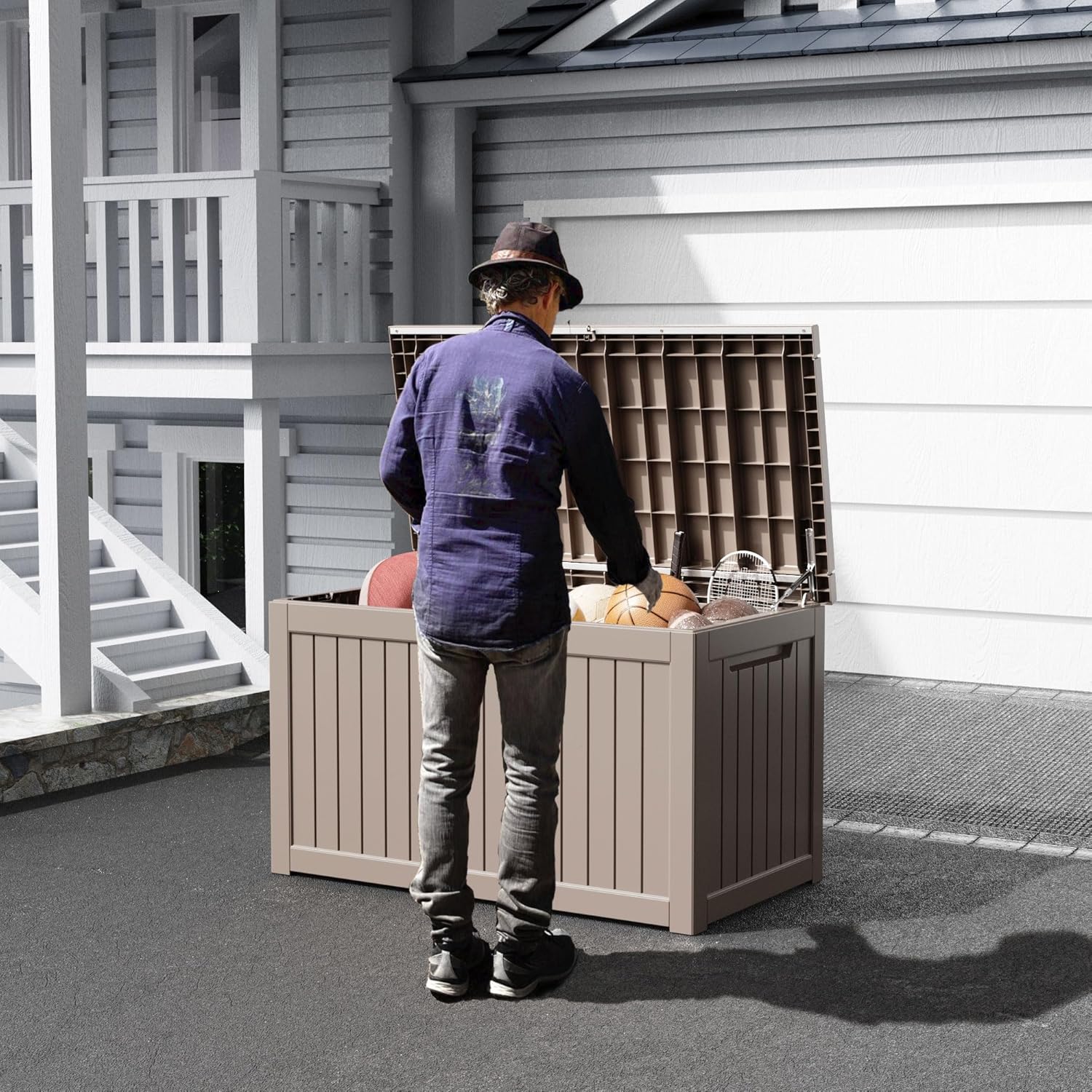 deck box,XXL 230 gallon Resin Large outdoor storage box waterproof and sunproof Loackable Suitable for patio furniture and outdoor garden tool storage (lightbrown)
