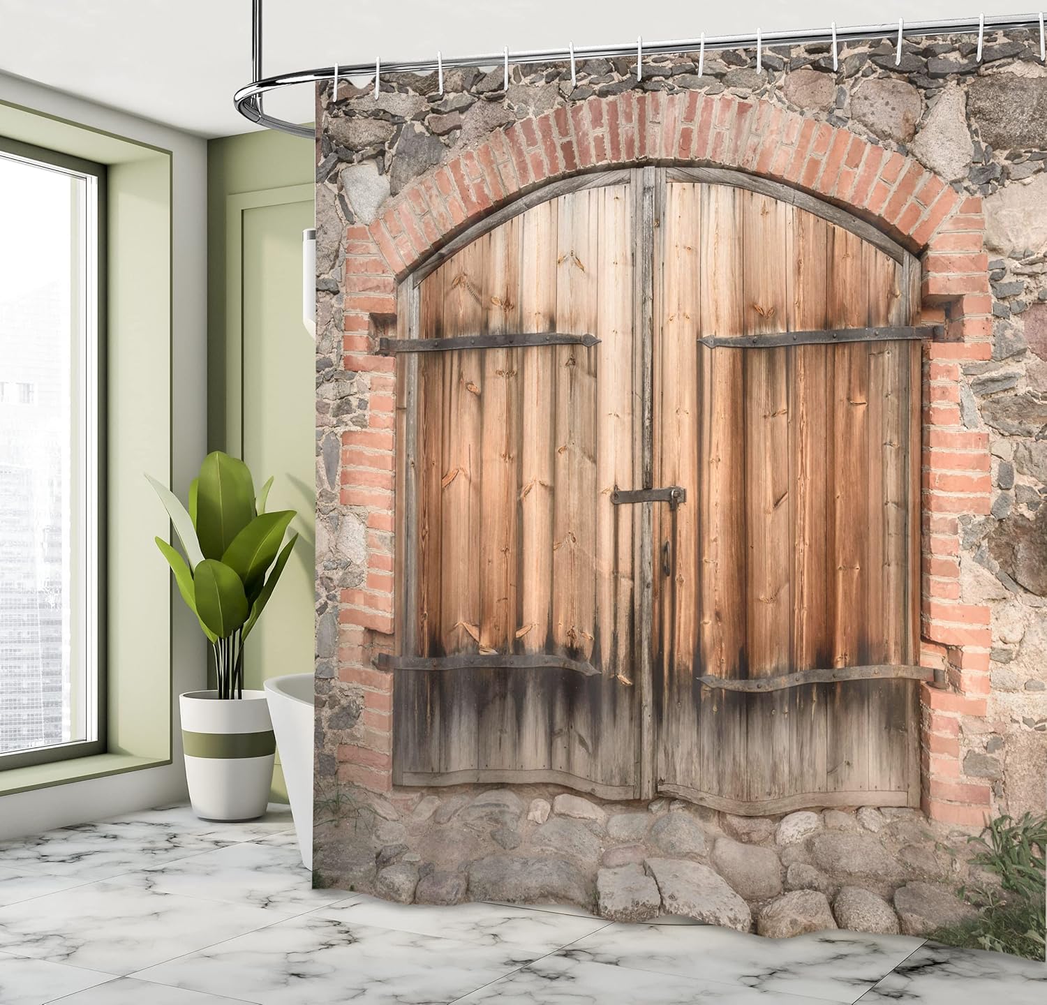 Ambesonne Rustic Shower Curtain, Wooden Door of a Stone House with Wrought Iron Elements Tuscany Architecture Photo, Cloth Fabric Bathroom Decor Set with Hooks, 69" W x 75" L, Brown Grey