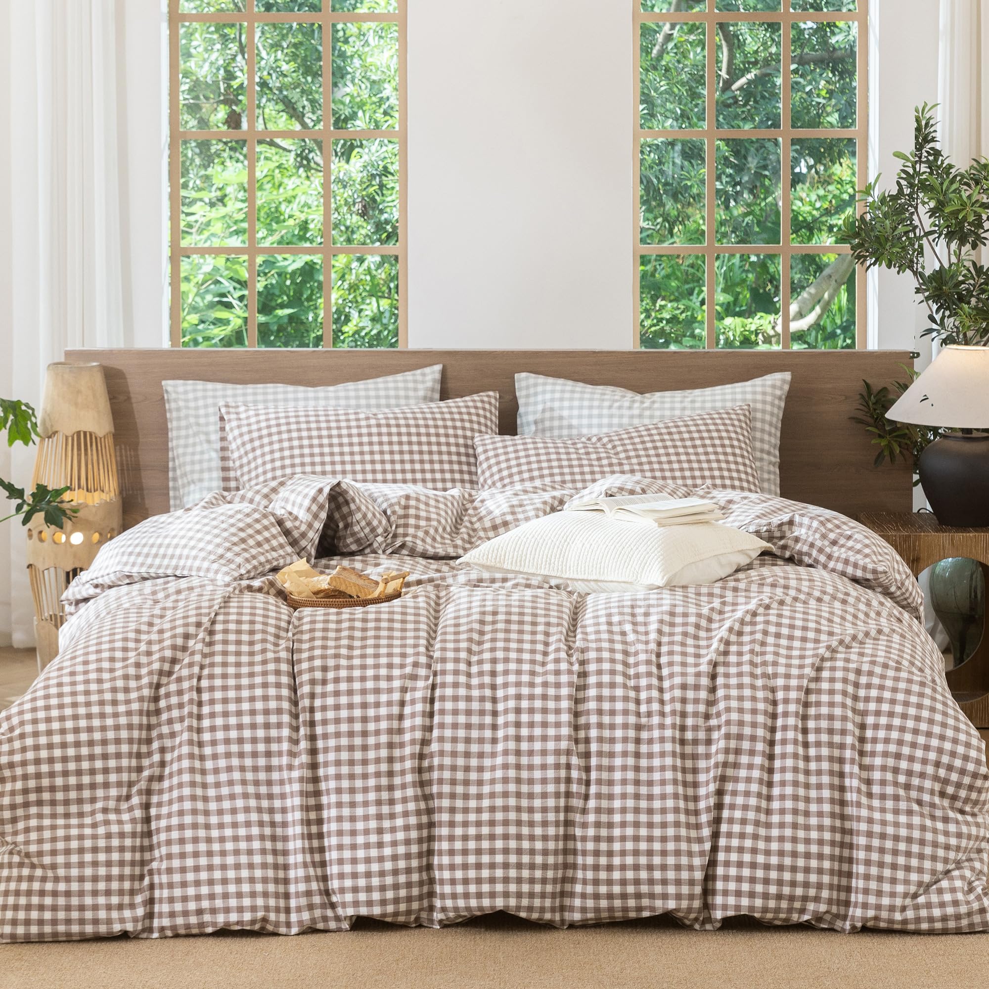 Photo 1 of MooMee Gingham Duvet Cover Set 100% Washed Cotton Linen Like Textured Breathable Durable Soft Comfy Modern Checkered Design (Brown Gingham, Cal King 104"x98")