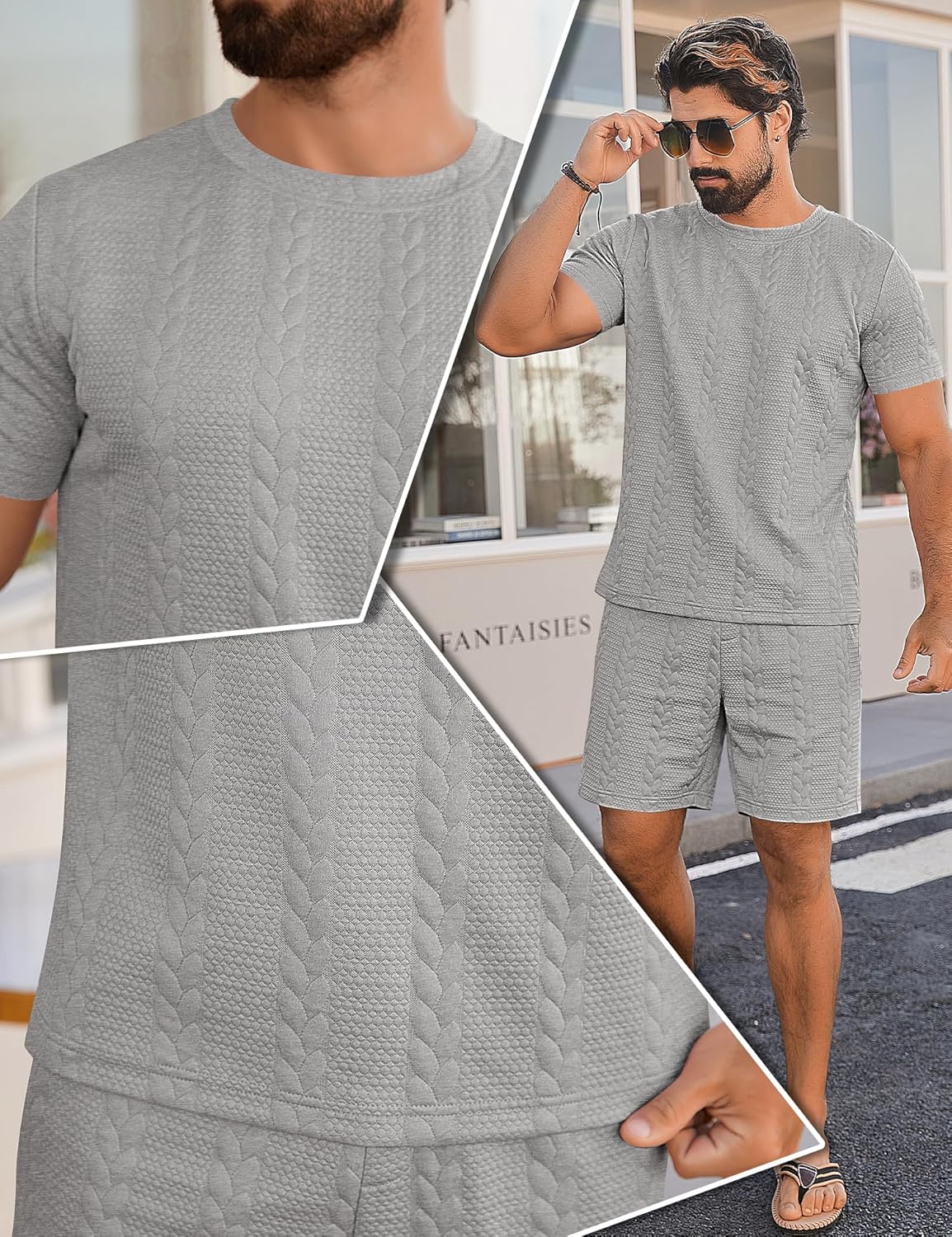 Babioboa Men's Short Sleeve Tracksuit Summer T Shirt & Shorts set Striped Jaquard Solid Two Piece Casual Daily Duty-off - Image 3