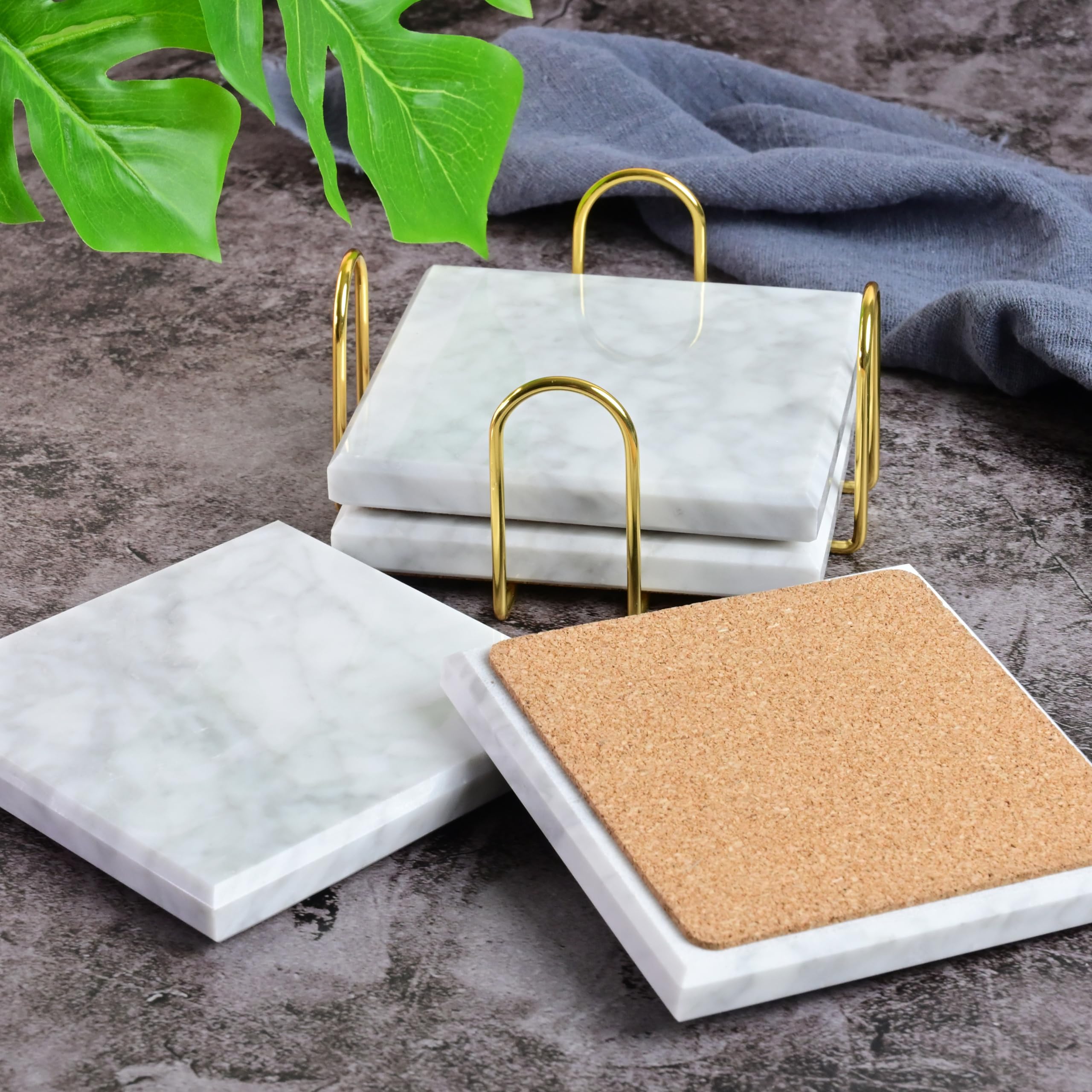 Marmor-Untersetzer Set Mit Halter – 4 Stück, Rund, 10.2cm, Smaragdgrün, Mit Korkrückseite