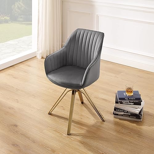 Miniatura 6 de Art Leon Silla giratoria moderna de mediados de siglo, silla de escritorio sin ruedas, silla tapizada de tela de terciopelo con patas doradas, gris