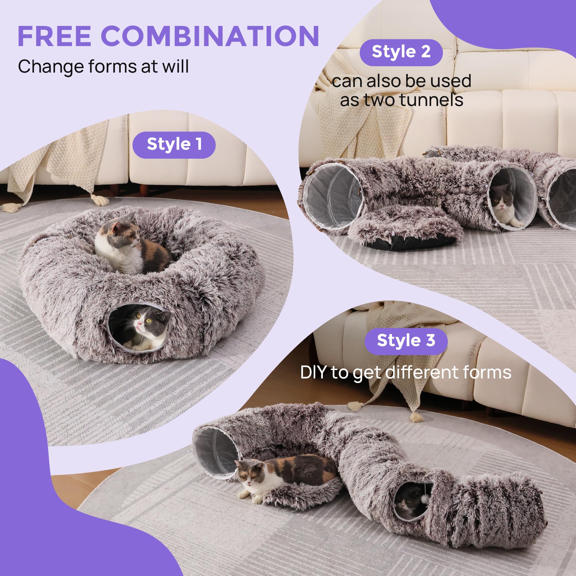 Cama Tipo túnel de Felpa para Gatos de Interior con cojín Suave, Cueva de Juego multiforma con Bolas Colgantes, túnel Grande y Plegable para Mascotas pequeñas y Grandes (marrón)