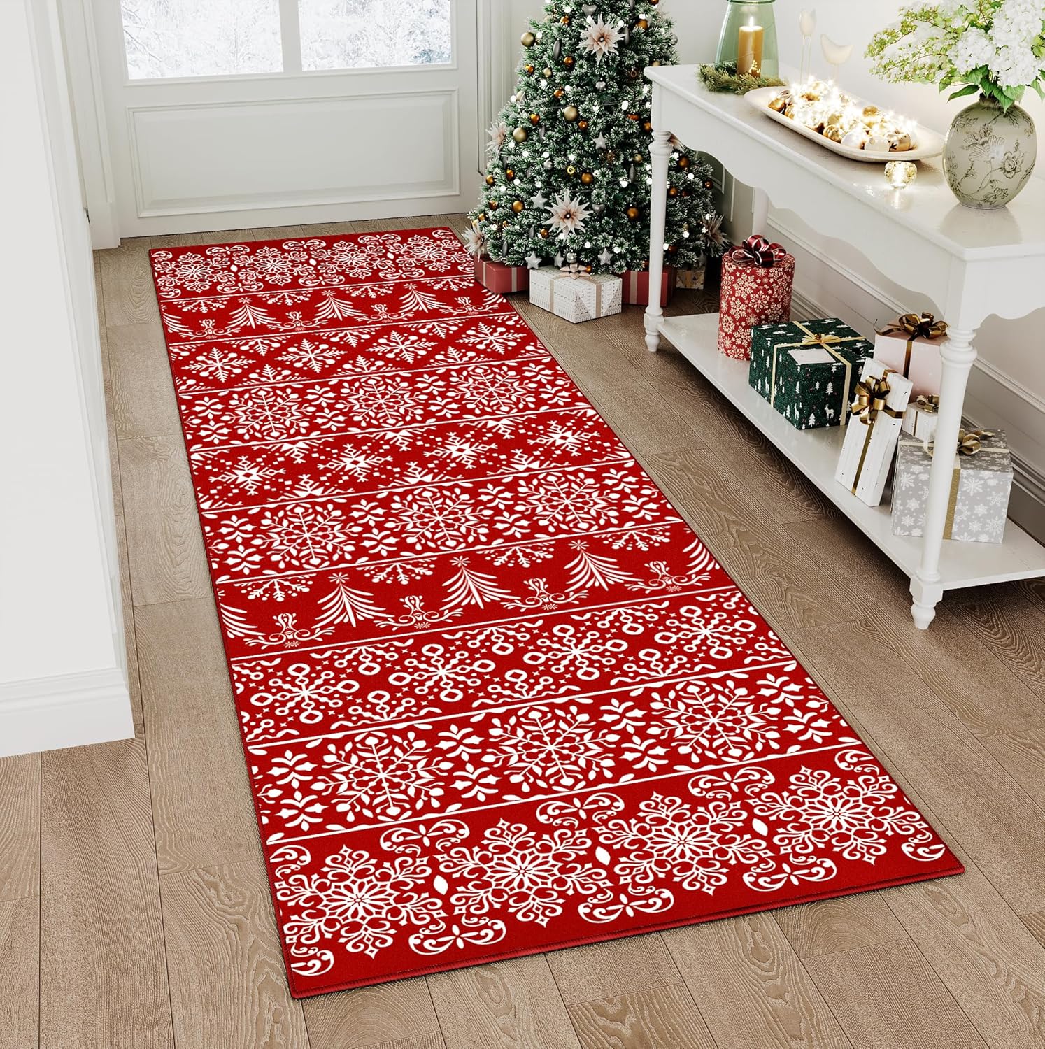 PureCozy 2x8 Runner Rug Red Snowflake Washable Hallway Carpet Xmas Holiday Decor Bedroom Carpet Non Slip Kitchen Mat Indoor Accent Rug Decorative Dining Room Laundry Room Living Room