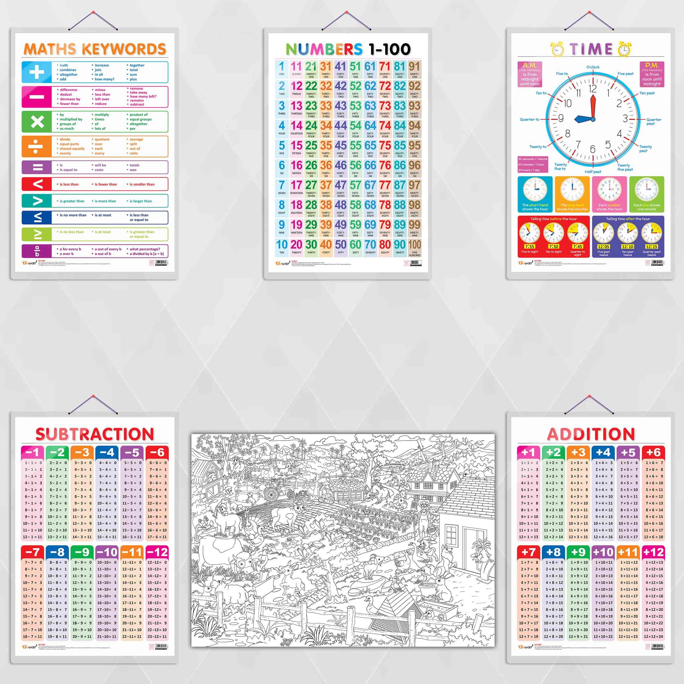 GIANT AT THE FARM COLOURING POSTER, MATHS KEYWORDS, Numbers 1-100, TIME, SUBTRACTION and ADDITION charts| combo of 1 colouring poster and 5 charts |"Educational Farmyard Journey: Explore the Giant Farm Poster with Maths Keywords, Numbers, Time, Subtraction, and Addition Learning Materials"-image-16
