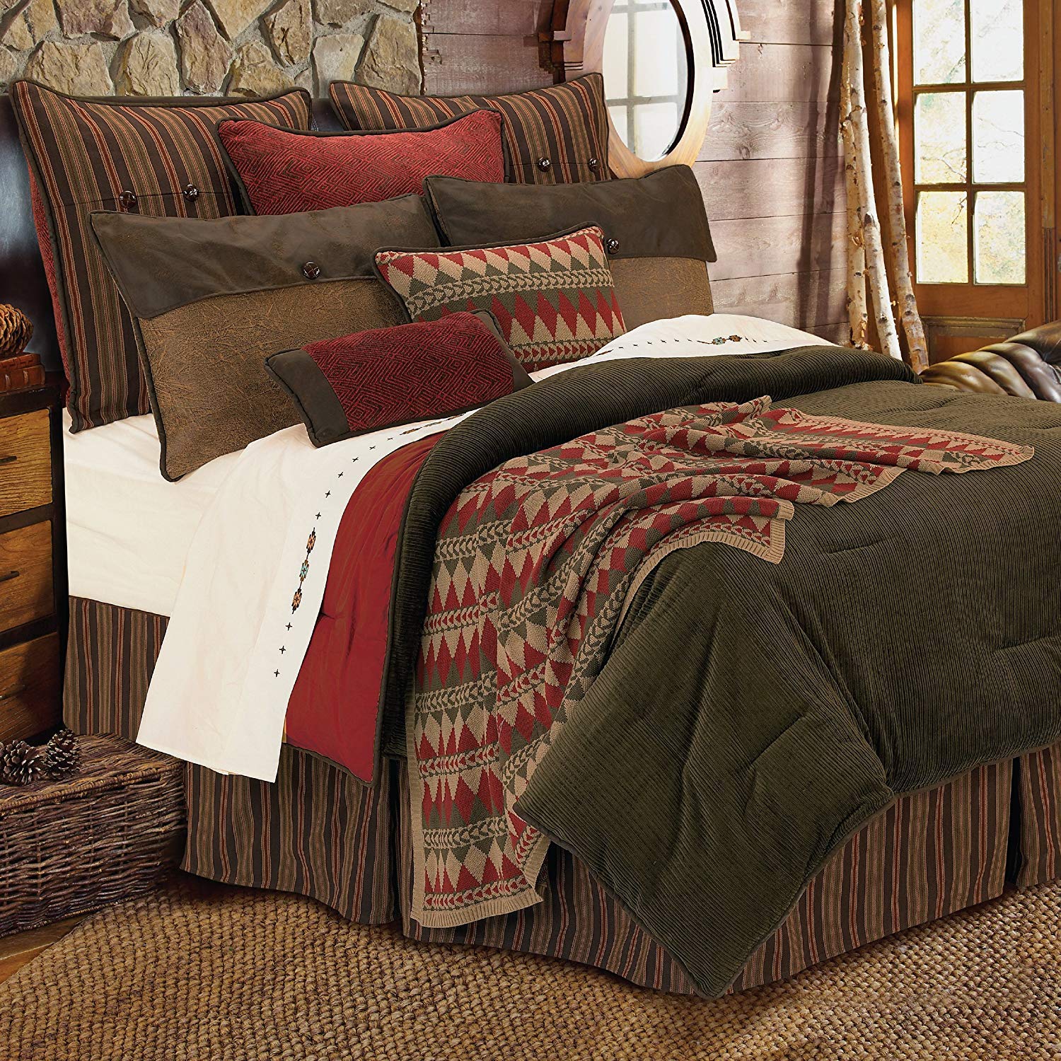 HiEnd Accents Wilderness Ridge 6-PC Rustic Lodge Corduroy Stripe Bedding Set (Olive, Brown & Red), S
