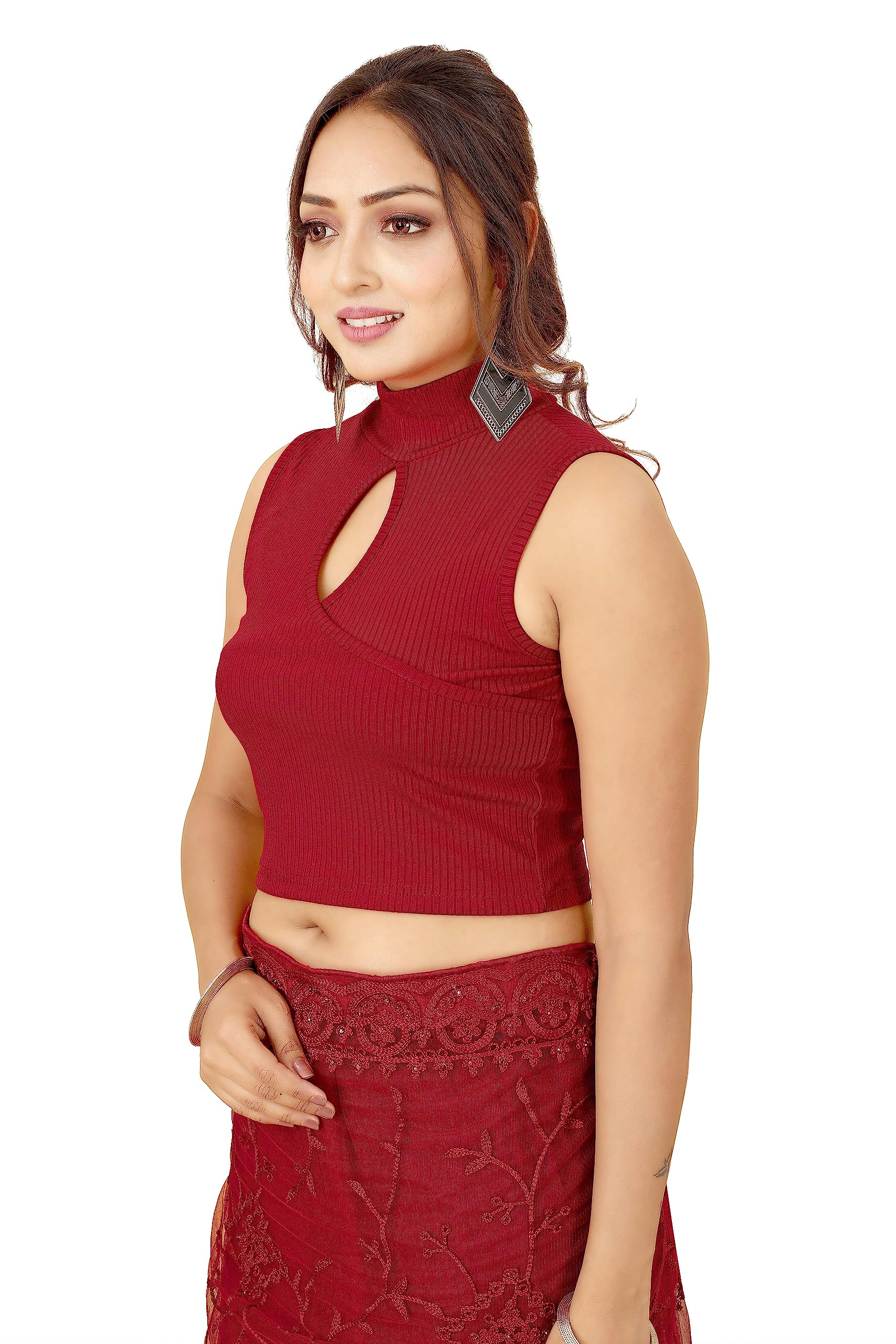 Shasmi Women's & Girls' Solid Ribbed High Neck Stand Collar Sleeveless Slim Fit Cut Out Blouse For Women (Blouse 43 Maroon M)
