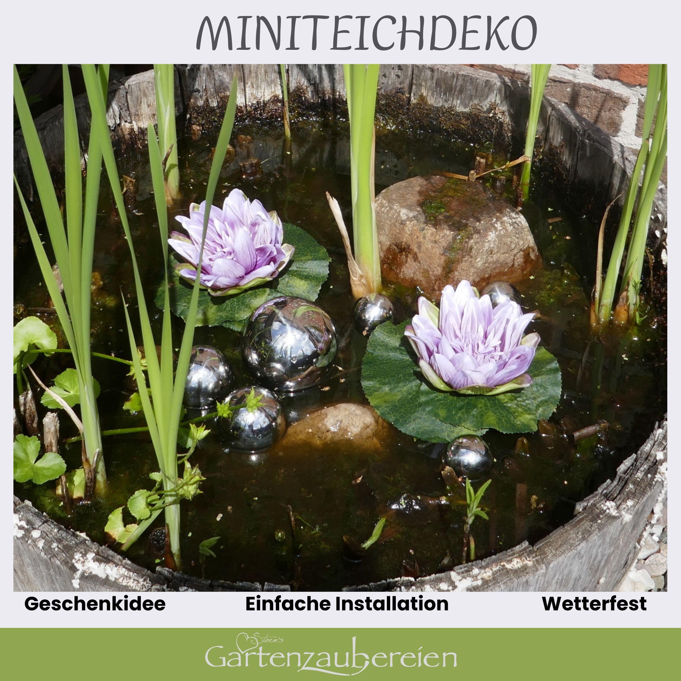 Storm's Gartenzaubereien Mini étang complet avec 2 nénuphars artificiels violets – Boules de bassin argentées
