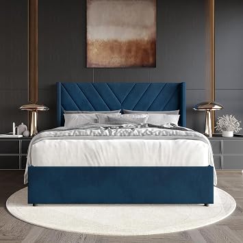 Queen Wingback Velvet Upholstered Lift-Up Storage Platform Bed with Hidden Storage and V-Shape Stitching, Navy Blue