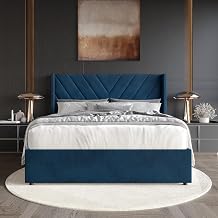 Full Wingback Velvet Upholstered Lift-Up Storage Platform Bed with Hidden Storage and V-Shape Stitching, Navy Blue