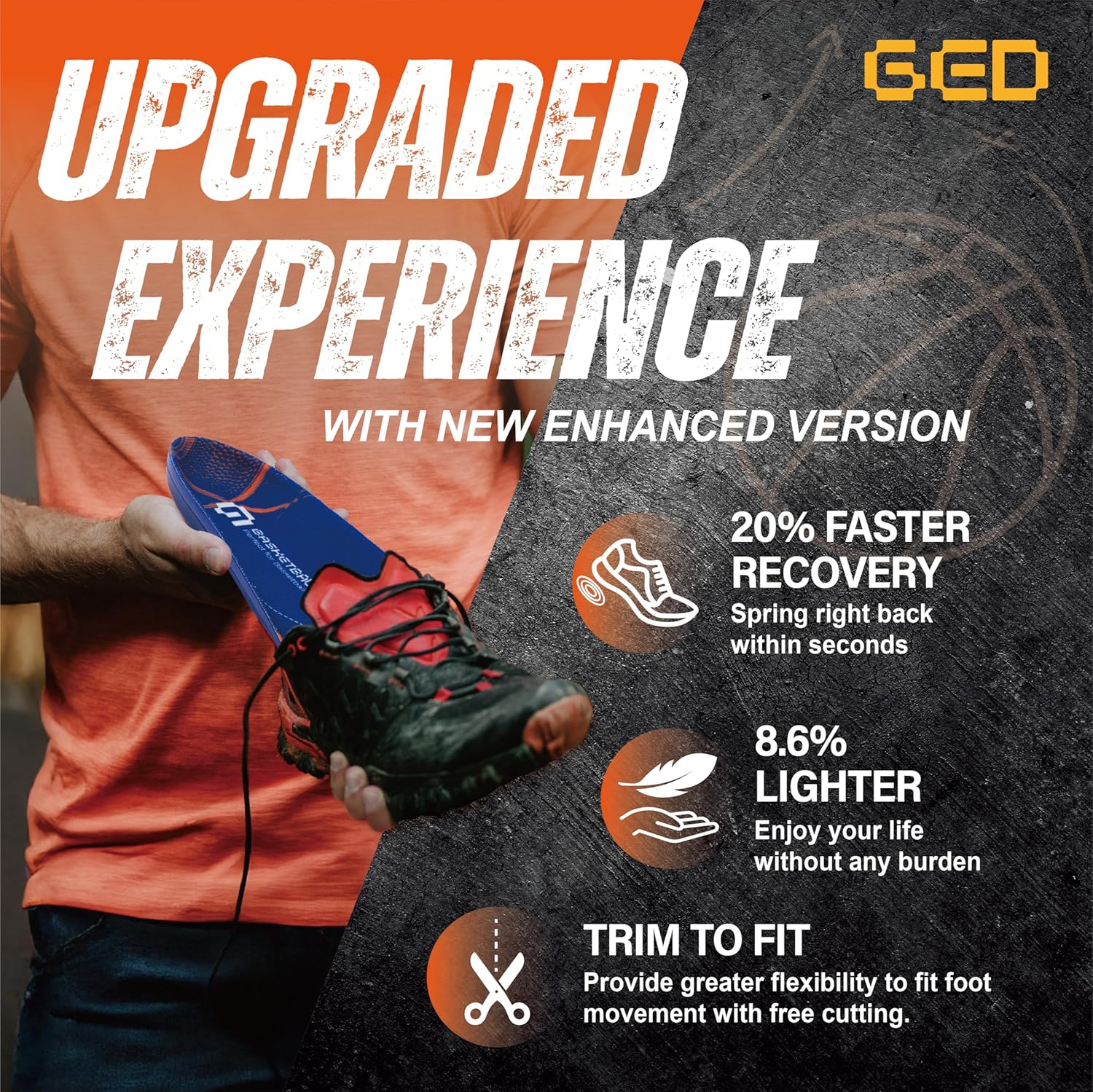 GED Basketball Shoe Insoles for Men & Women - Sports Inserts for Arch Support and Athletic Activity - Lightweight, Elastic, Trim to Fit, Orthotic Inserts with Shock Absorption, Extra Cushioning - Image 2