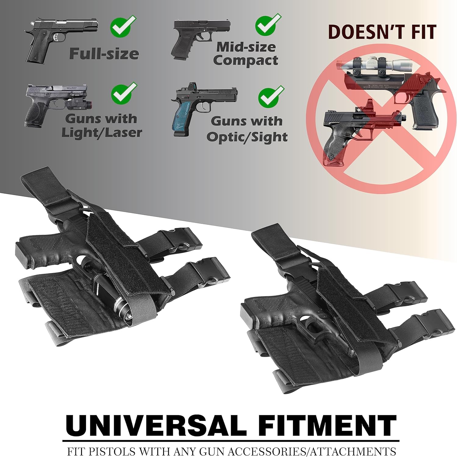 Universal Drop Leg Tactical Gun Holster fit Pistols with Optic/Light/Laser, Adjustable Thigh Nylon Gun Holster Compatible with Glock 1911 S&W Sig Sauer Ruger Taurus Berreta CZ HK and More - Image 3