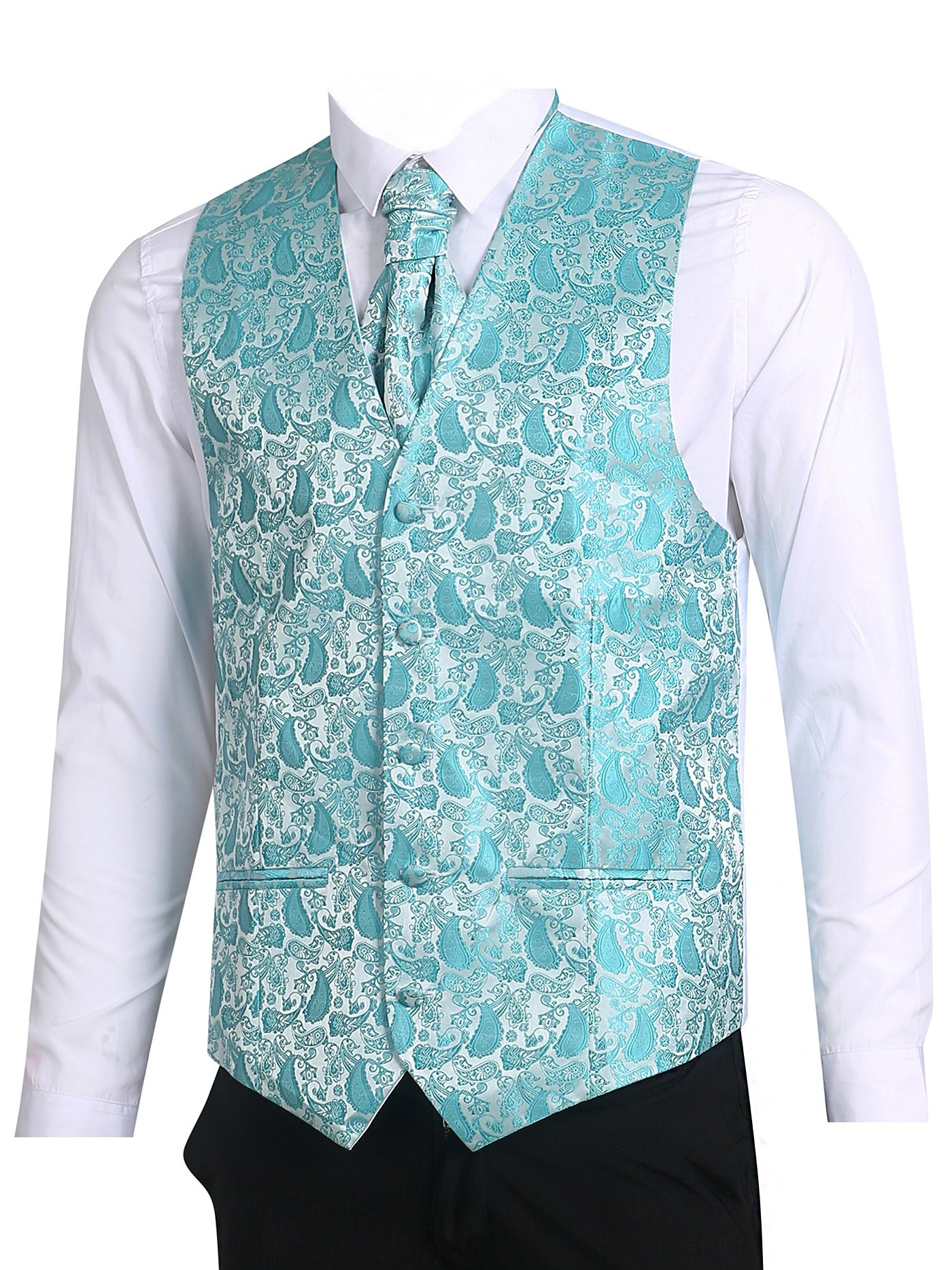 L&L® Men's Paisley Waistcoat Vest and Cravat Pocket Square Set for Suit UK Christmas (Chest 34'' S, Turquoise)