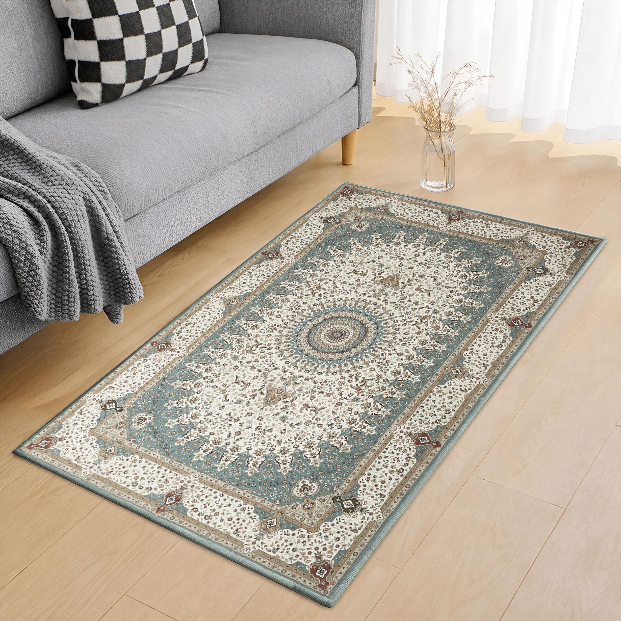Hafaa Washable Rugs Living Room Small 60x110 cm – Soft Short Pile Teal Area Rugs For Bedroom, Kitchen Carpet Non Slip Bedside Rug Traditional Design Vintage Boho Cashmere Rug, Willow — image 1