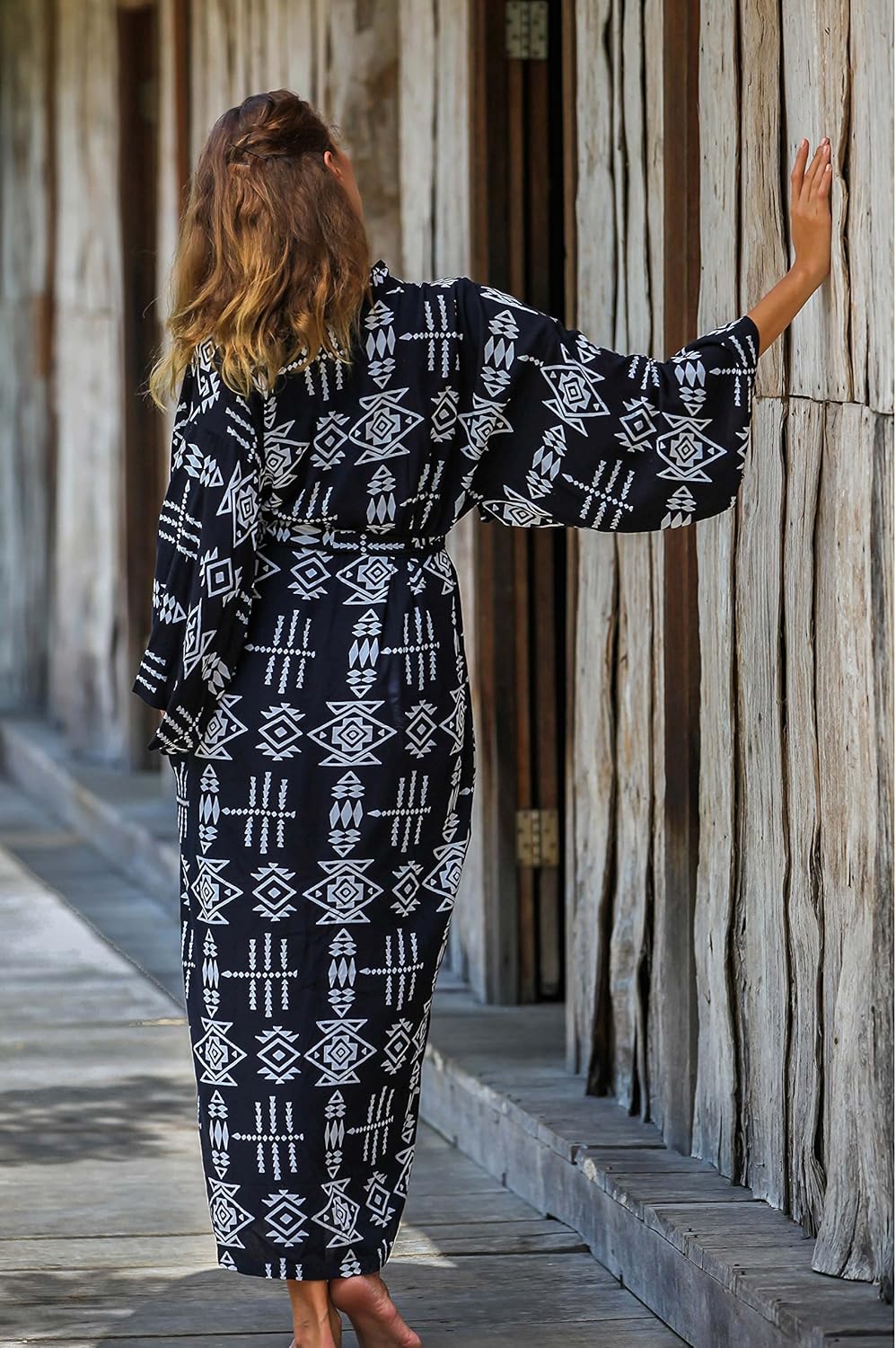 NOVICA Black and White 100% Rayon Robe, 'Eastern Tranquility' at  Women’s Clothing store
