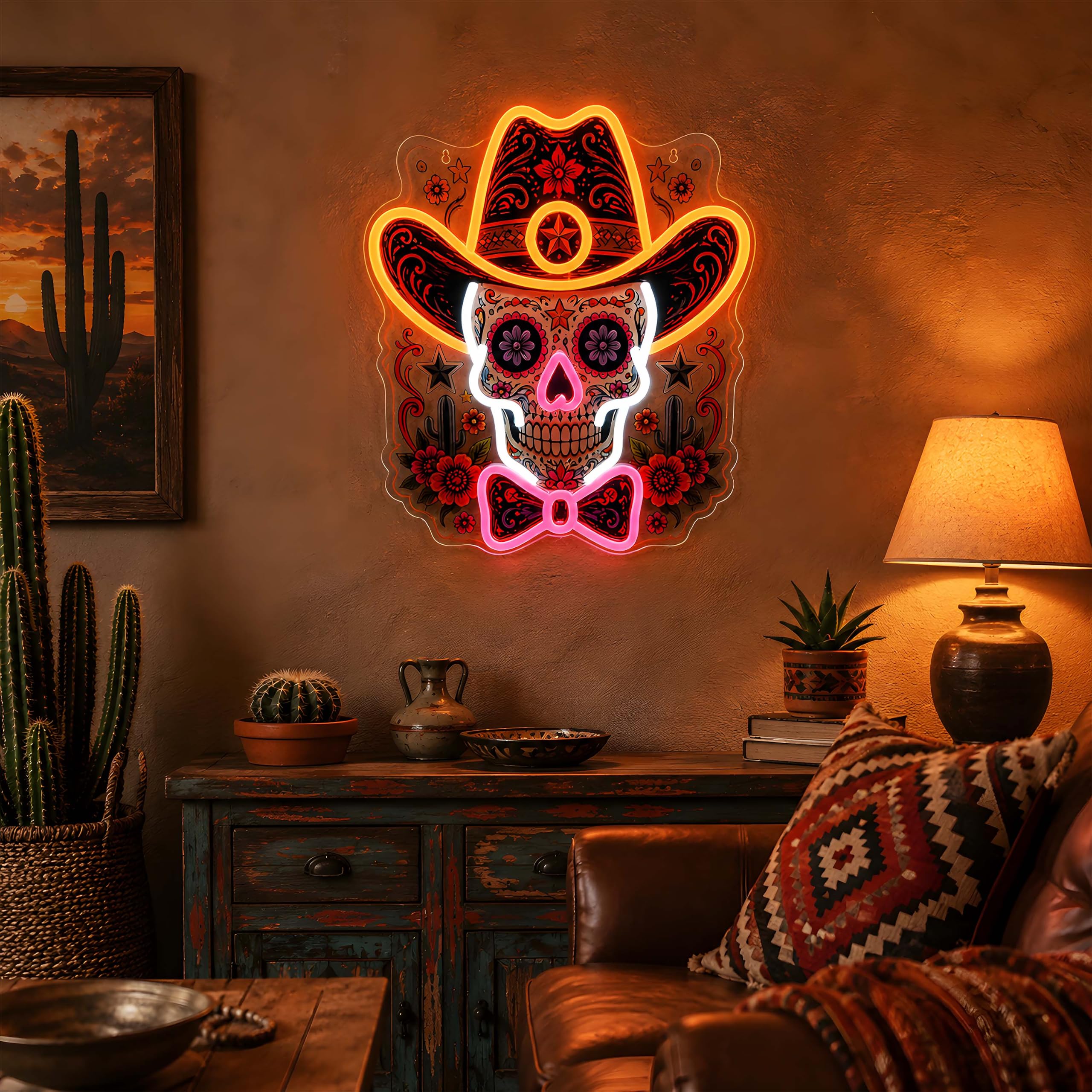 Insegna al neon con teschio da cowboy, luce LED da parete per decorazione messicana, alimentata tramite USB, dimmerabile, luce al neon per il giorno dei morti, Halloween, bar di casa, idea regalo per