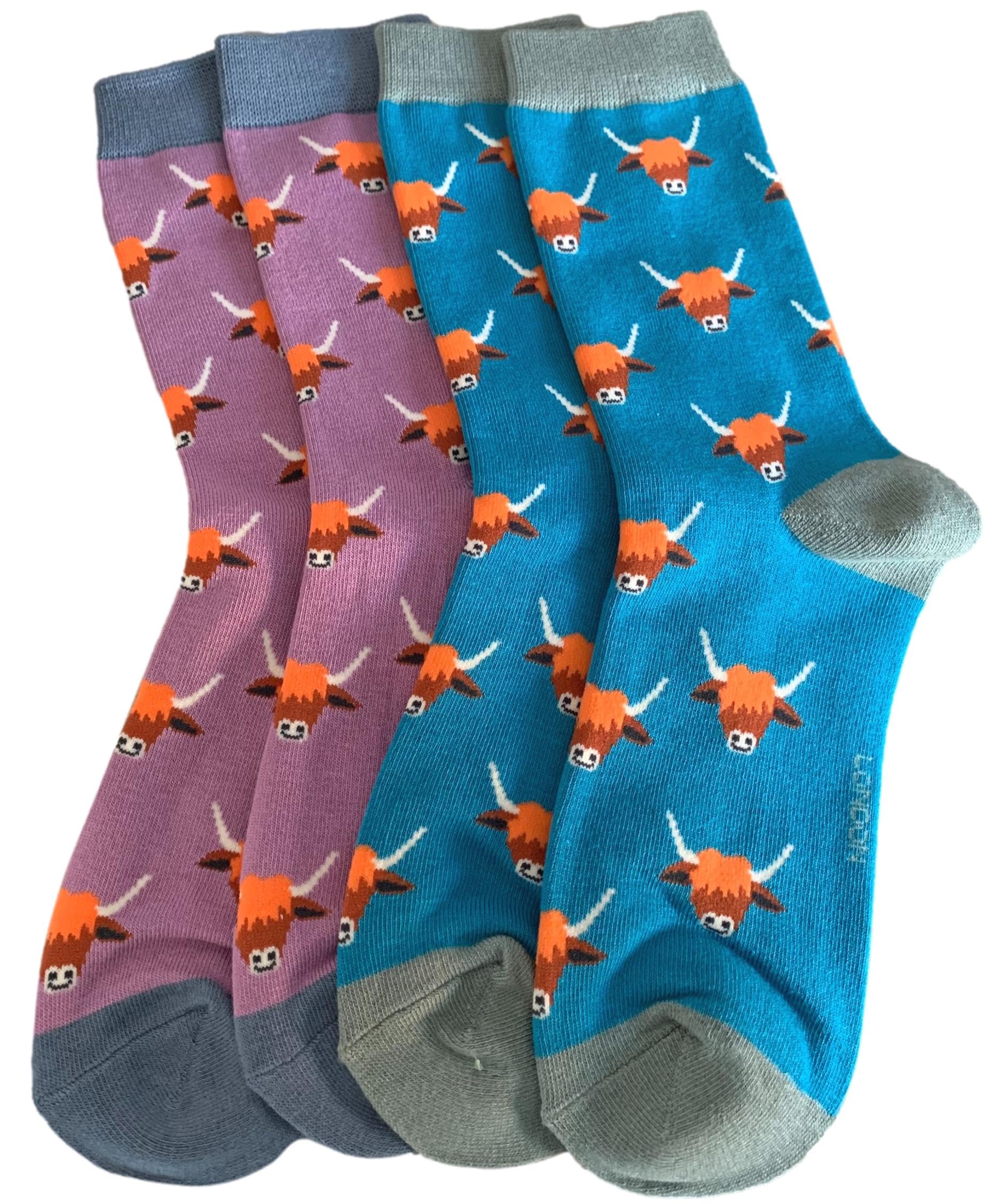 Purple Possum Women's Purple, Lilac, Lavendar Purple Possum® Highland Cow Socks Hairy Coo Cows Cattle 2 Pair Pack Turquoise Blue Lilac One Size