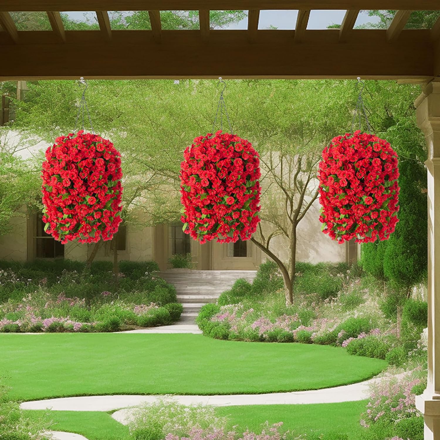 Artificial Faux Hanging Flowers Basket for Spring Summer Outdoor Outside Porch Decoration, Fake Silk Colorful Morning Glory Eucalyptus UV Resistant Look Real for Home Patio Balcony Yard(Red) - Image 7