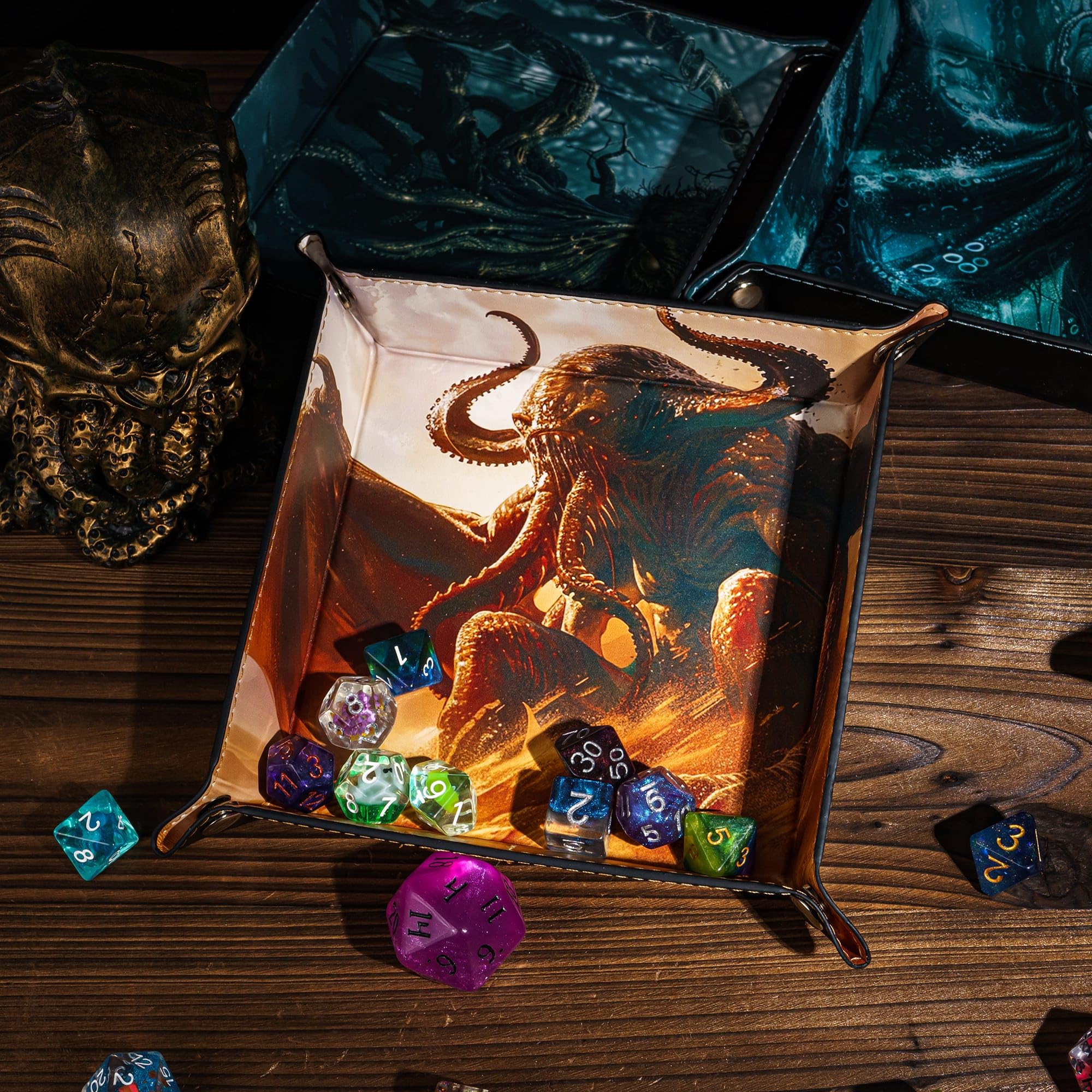 Cusdie PU Leather Dice Tray Square Tray for Dice Rolling and Storing Small Items - Cthulhu Design, Brown Cthulhu - Image 4