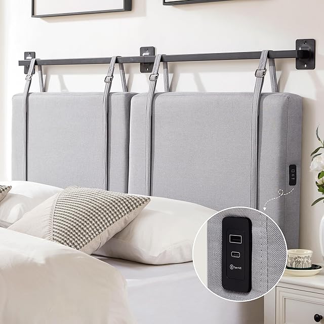 Weture Wall Mounted King Headboard with USB and Type-C Port, Headboard for King Size Bed with Adjustable Fabric Straps, Hanging Upholstered Headboard for Bedroom(Grey, King)