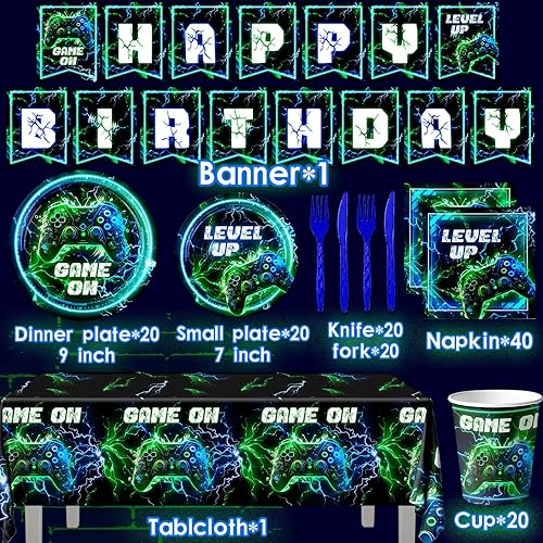 Miniatura 6 de Video Game Birthday Party Supplies,142pcs Neon Video Gaming Plates and Napkins Tableware Set Plastic Tablecloth for Boy Gamer Party Supplies