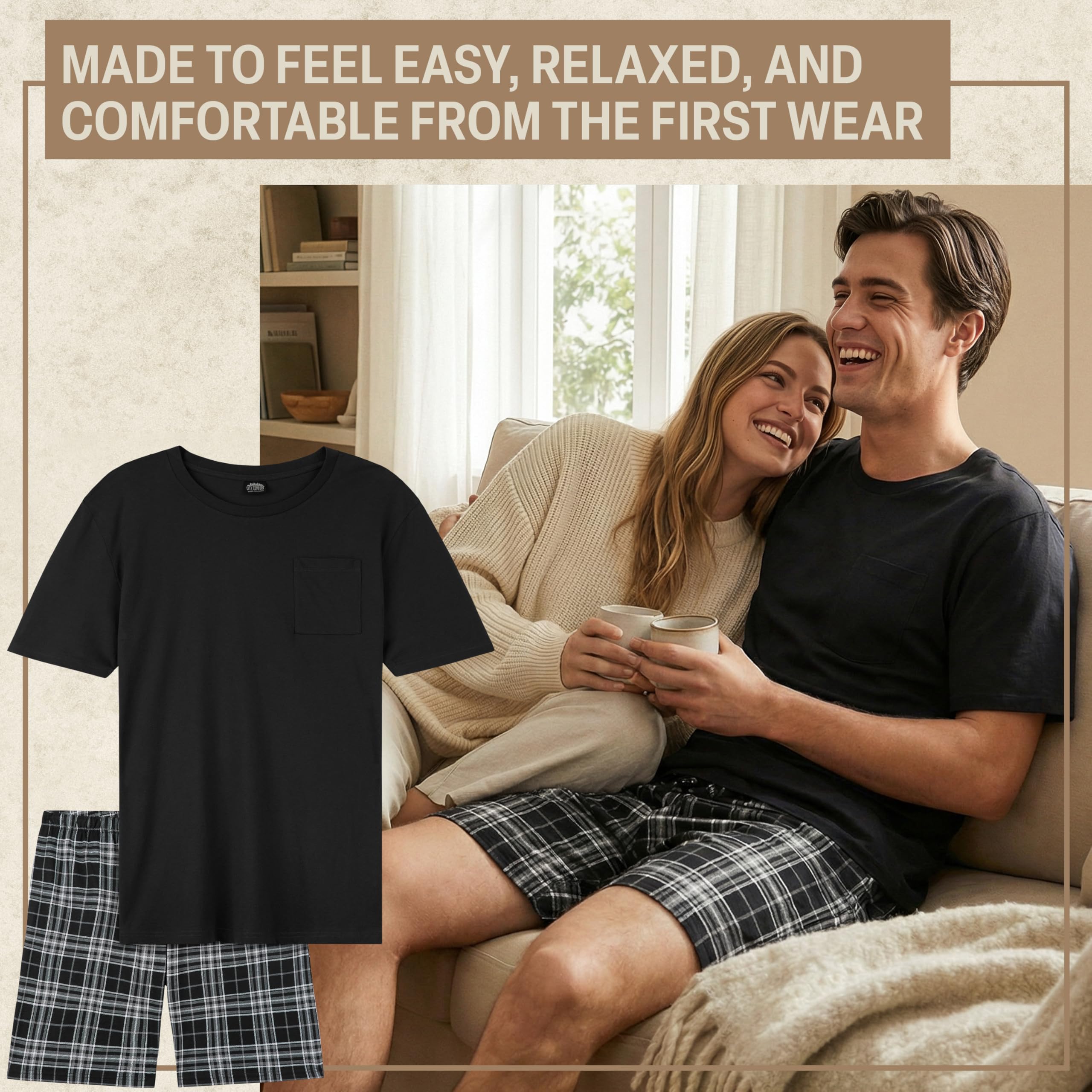 Get Trend Męska bawełniana krótka piżama, M-5XL, letnia koszulka z krótkim rękawem i szortami z kieszeniami, prezent dla mężczyzn