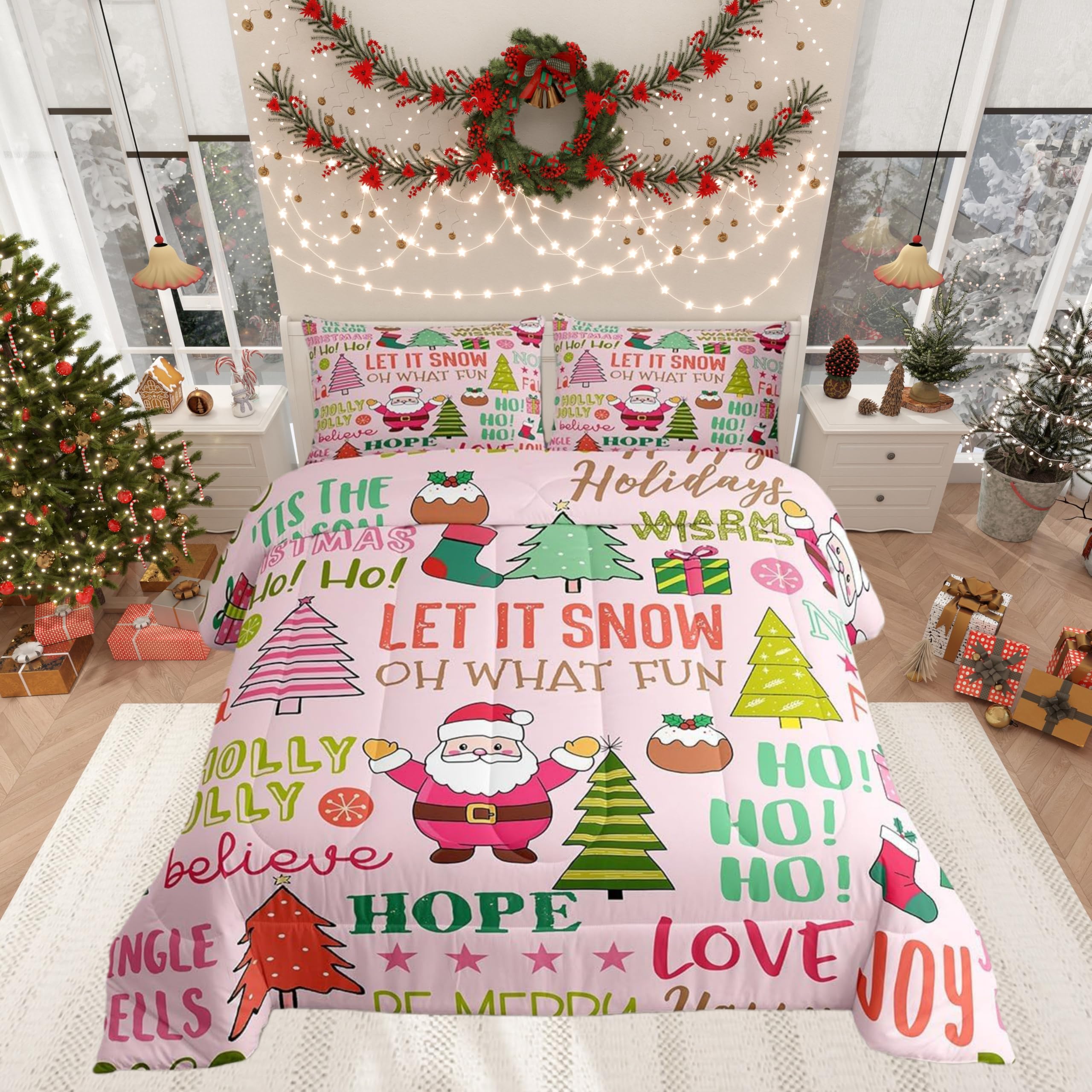 Parure de lit Père Noël rose avec 2 taies d'oreiller motif sapin abstrait
