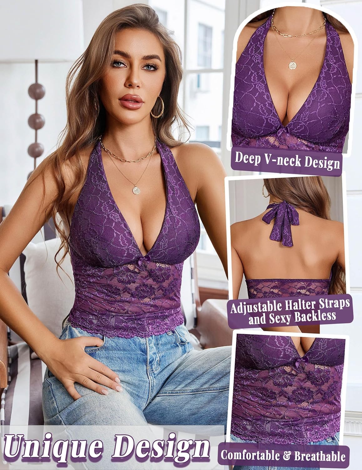 Avidlove Lace Tops for Women Sexy V Neck Halter Top Womens Tank Tops Going Out Concert Y2k Crop Tops S-XXL - Image 5