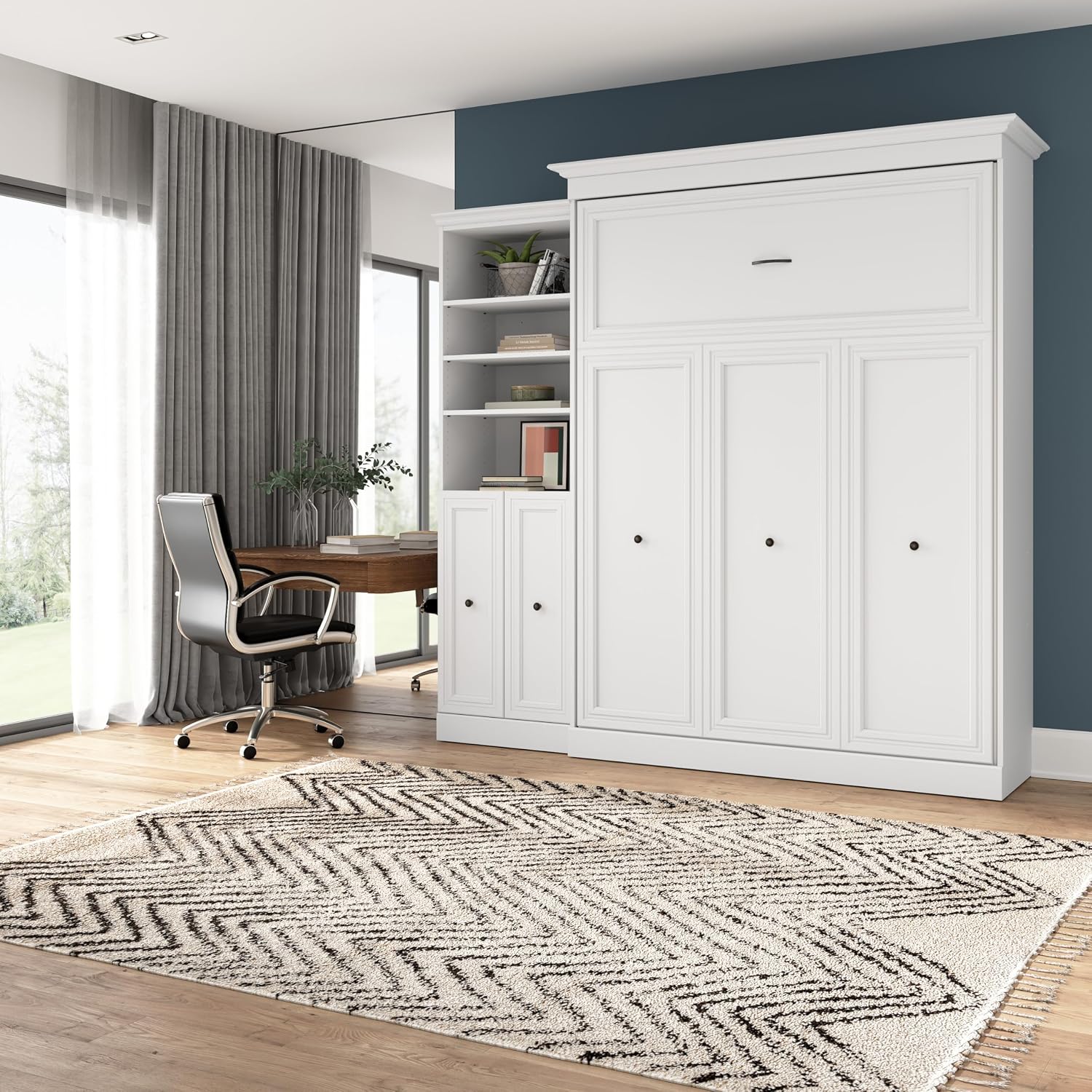 Bestar Versatile Queen Murphy Bed and Closet Organizer with Doors (92W) in White, Sleeping Arrangement and Wardrobe for Multipurpose Room
