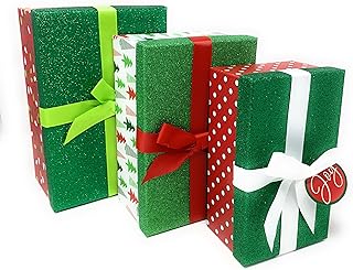 The Seasonal Shop 3 Christmas Gift Boxes Nesting Stacked Rectangle Boxes with Lids, Bows, and Holiday Tags in Assorted Sizes for Holiday Decoration or Decorative Present Wrapping (Green Sparkle)