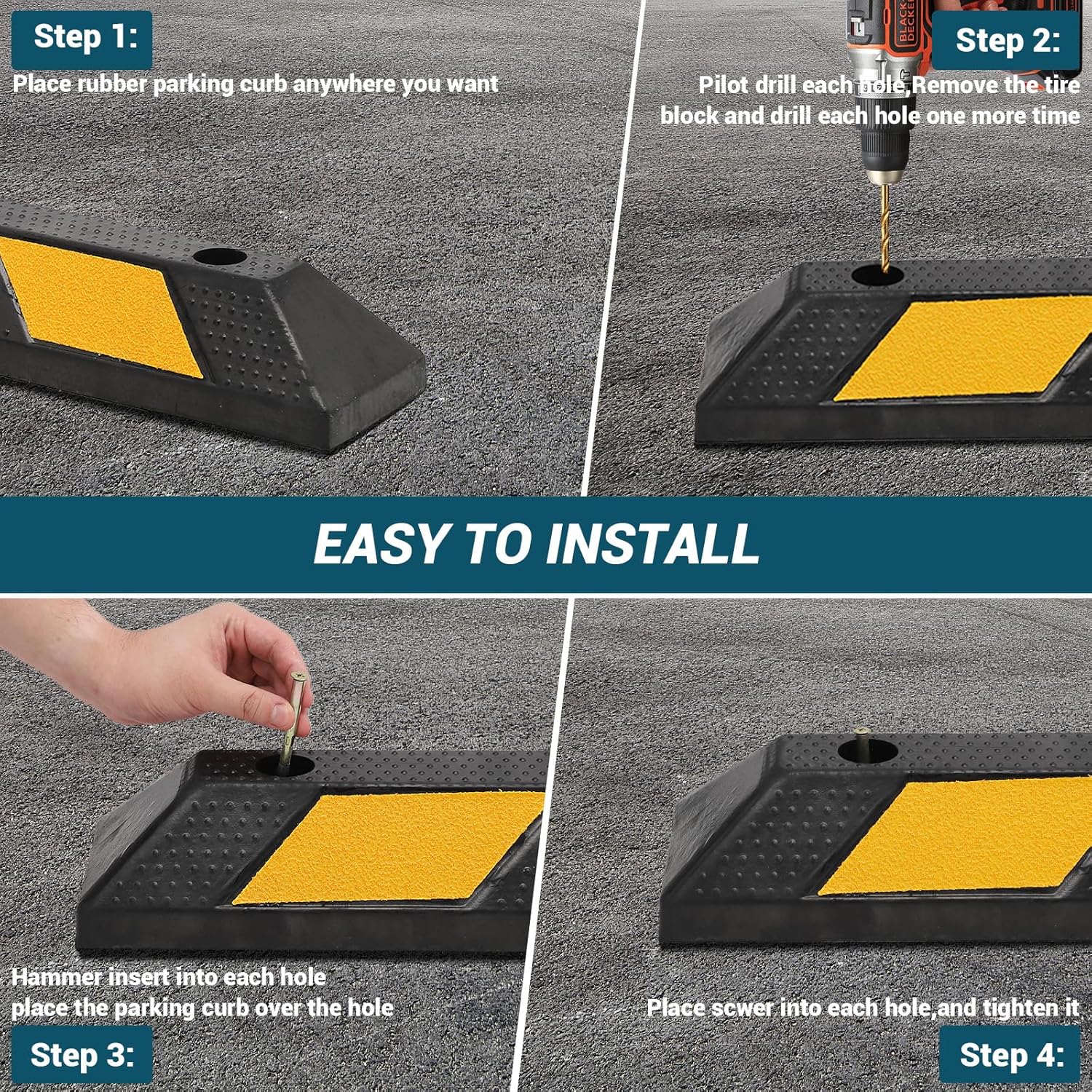 72" Large Parking Curb, 2 Pack Heavy Duty Garage Wheel Stopper with Yellow Reflective Tape, Weatherproof Non-Slip Parking Block for Cars, Vehicles, Truck - Easy to Install