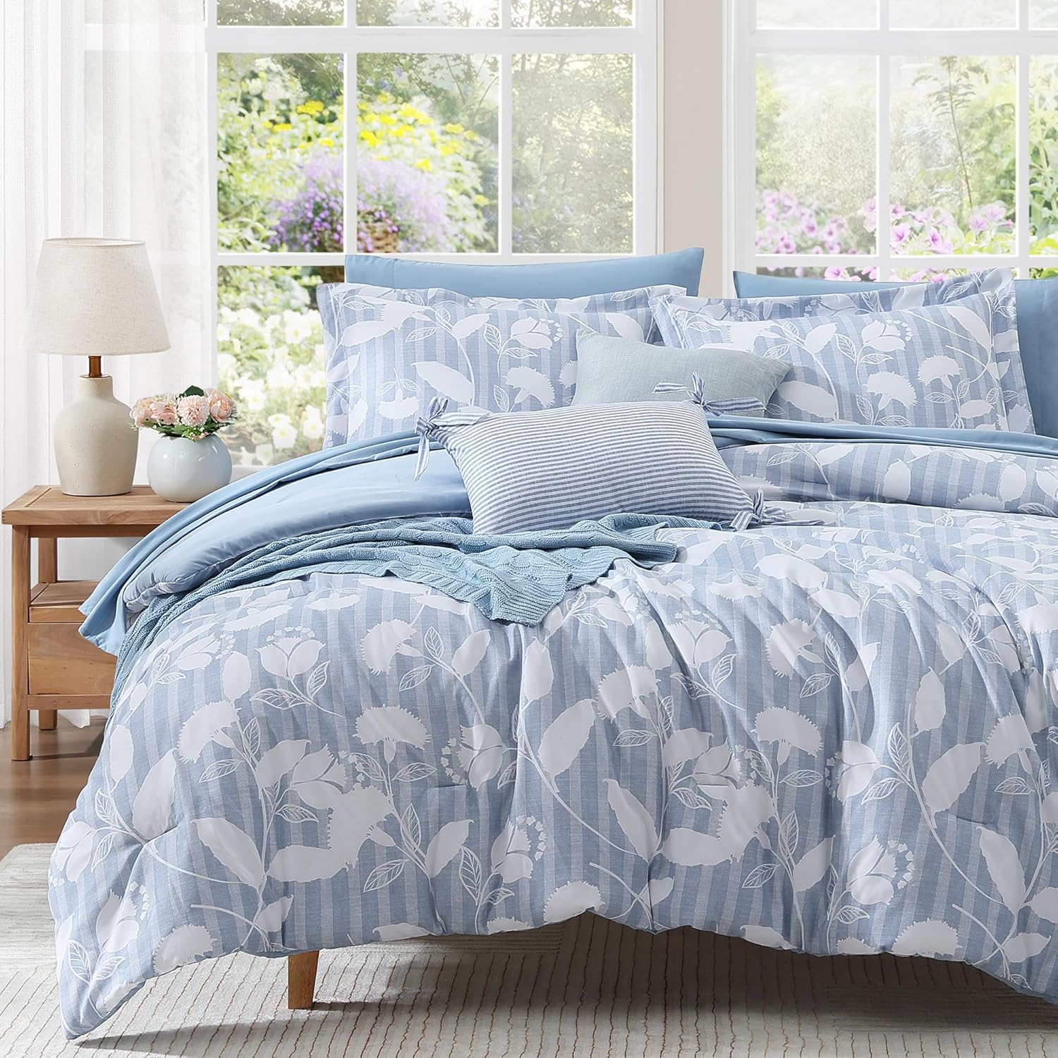 Full Comforter Set -7 Pieces Blue Floral Comforter Set for All Seasons, Bed in a Bag Full with Botanical Flowers Comforter, Sheets, Pillowcases & Shams - Image 8