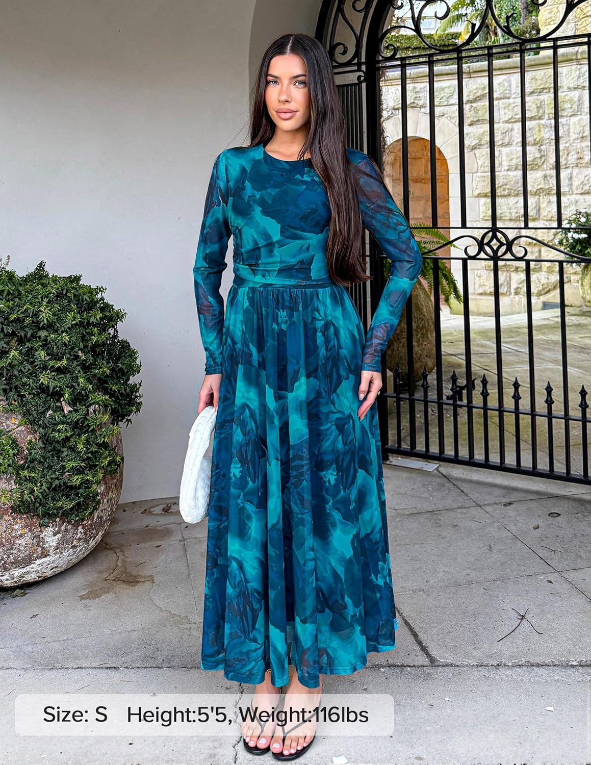 ZESICA Women's Maxi Dress 2026 Spring Long Sleeve Crewneck Floral Print Mesh Ruched Party Wedding Guest Dresses - Image 8