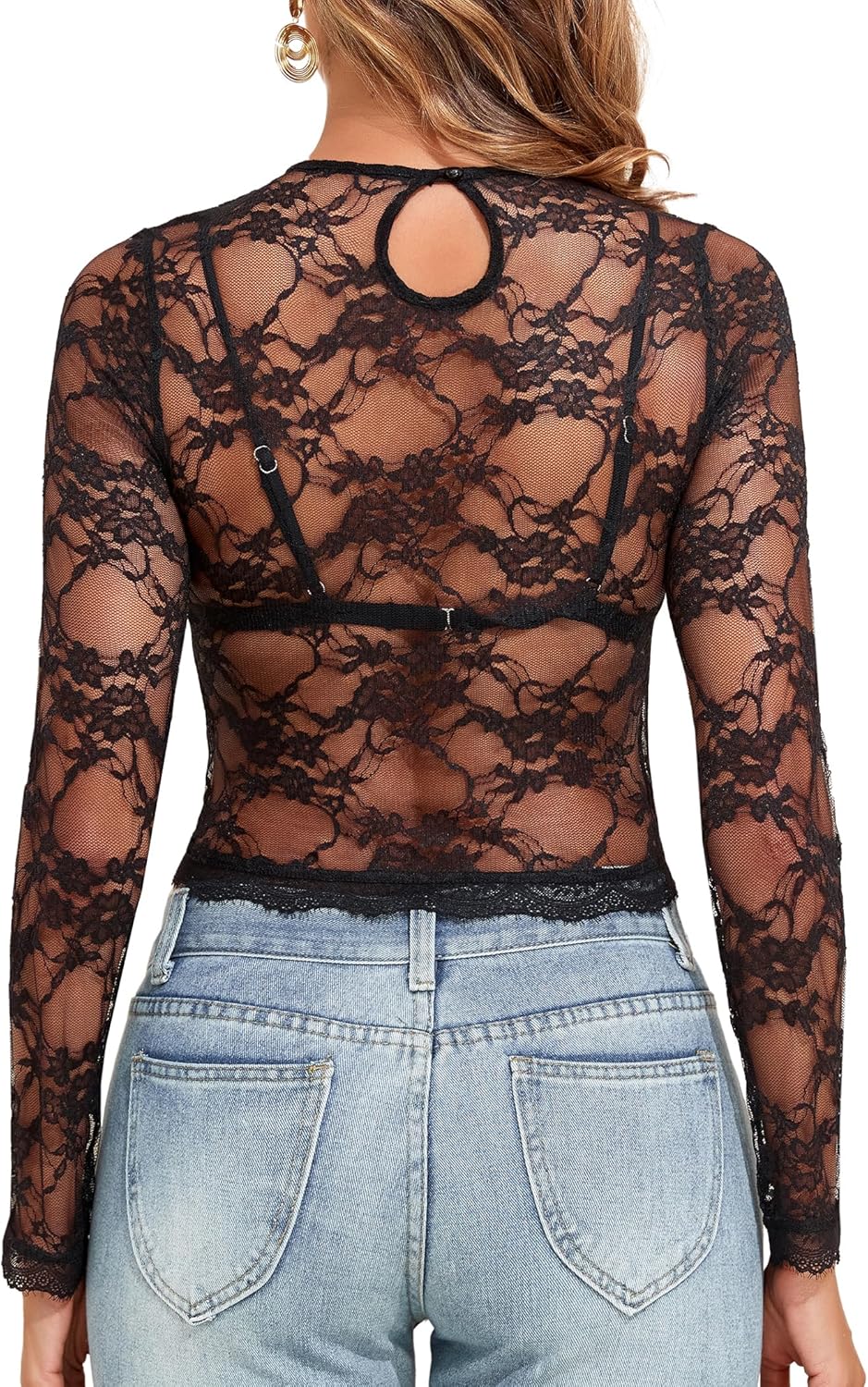 YYA Womens Mesh Tops Lace Long Sleeve Shirts Crewneck Slim Fitted Outfits See Through Blouses S-XXL - Image 7