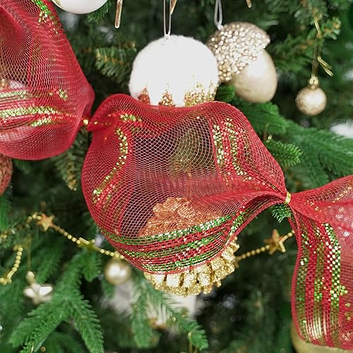 Miniatura 3 de HUIHUANG Malla decorativa verde y roja con rayas en el borde, cinta de malla grande de Navidad para árboles, suministros de fabricación de coronas,