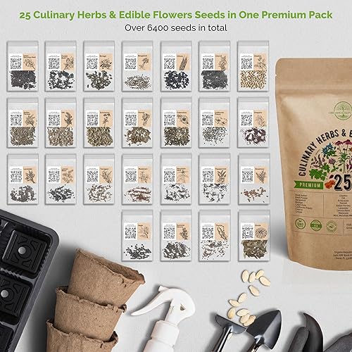 Miniatura 3 de Paquete variado de 25 hierbas culinarias y semillas de flores comestibles para plantar en interiores y exteriores. Más de 6400 semillas de jardín de
