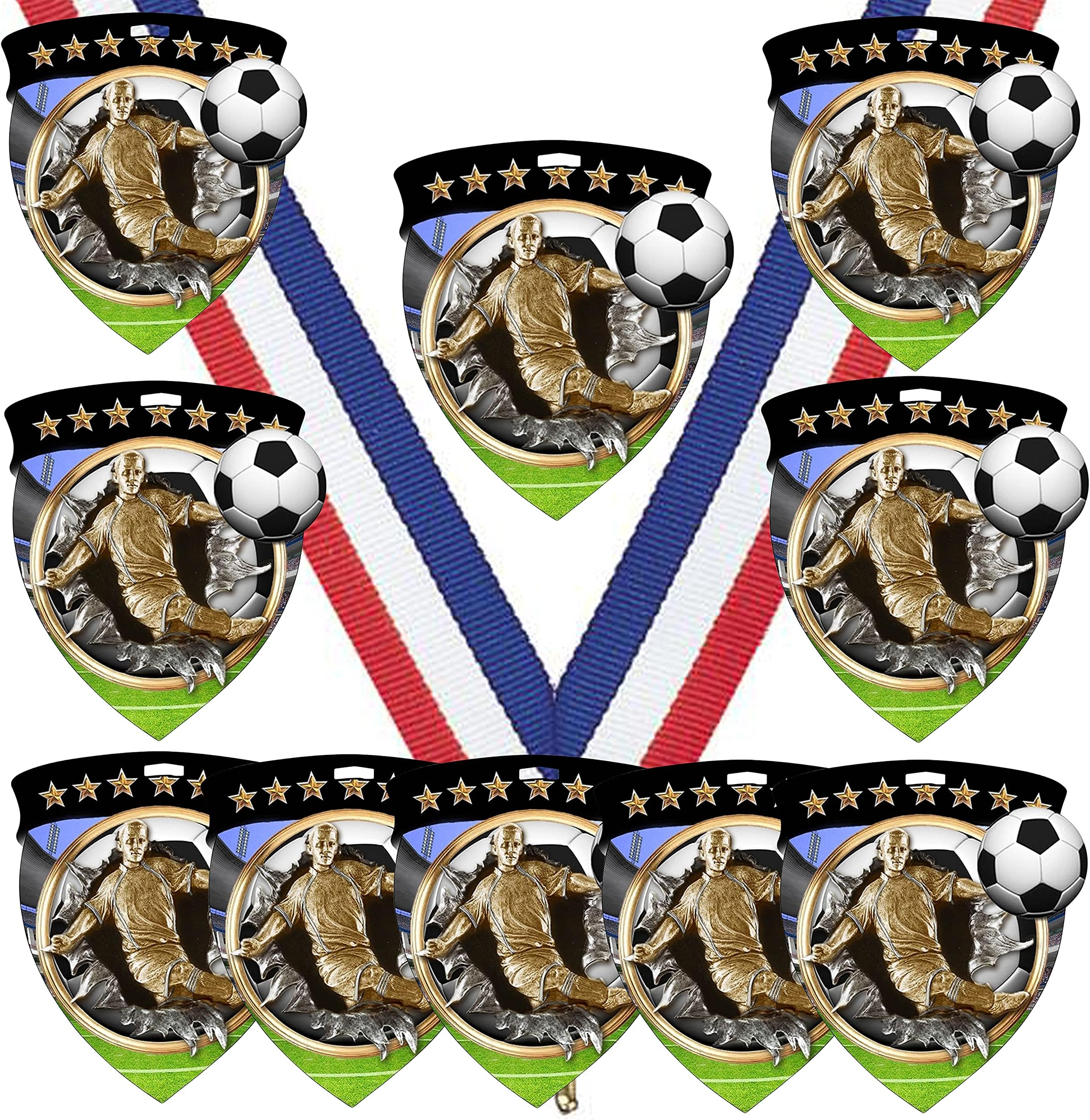 Express Medals 3 Inch Shield Shape Boys Soccer Medals Trophy Team Award with Neck Ribbons CSM Trophies Awards Gift - (Pack of 10) - Large