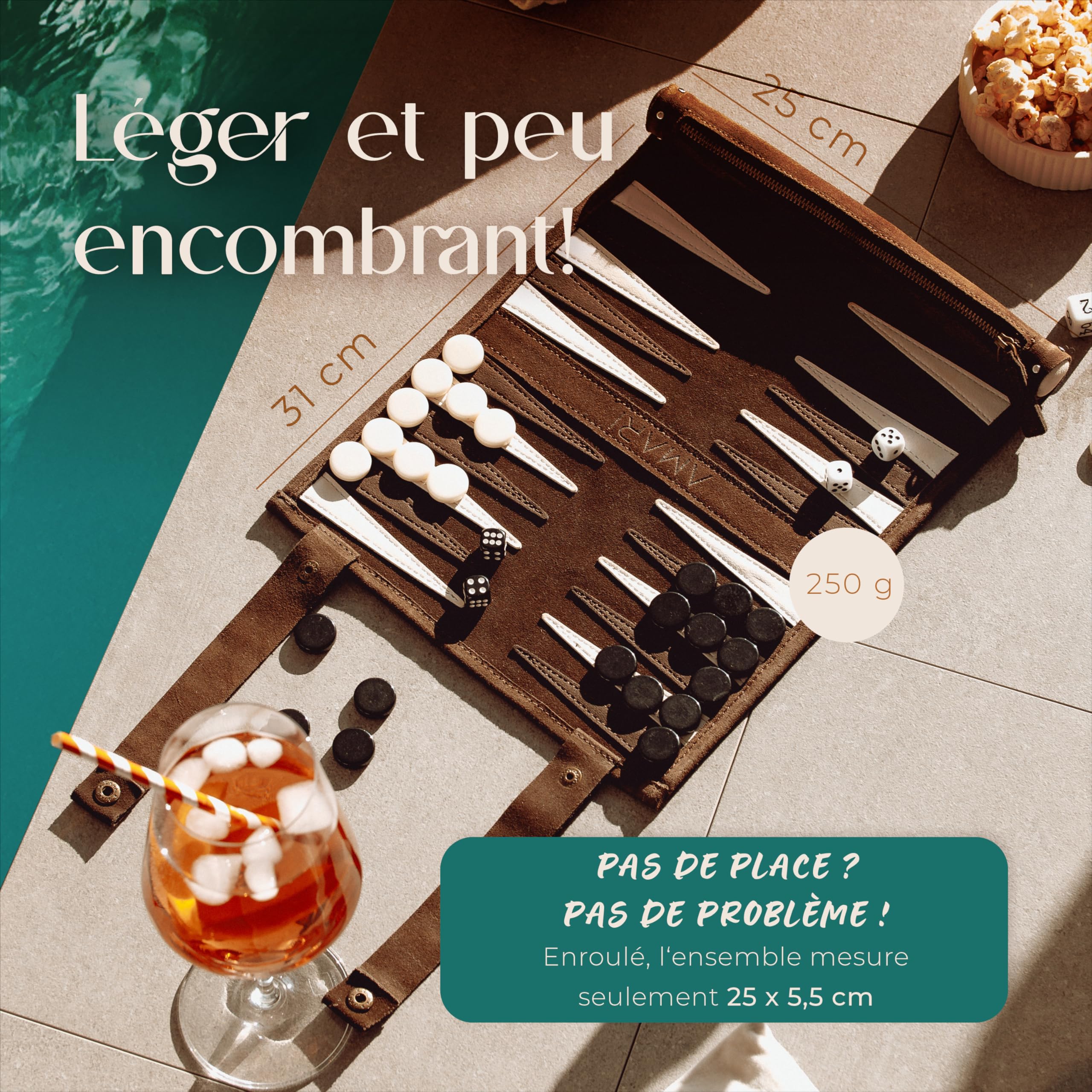 Amari ® Backgammon de Voyage - Backgammon - Roulable pour Les Voyages et Les déplacements - Back Gammon de qualité supérieure - Mallette de Backgammon - Jeu de Voyage - en Cuir