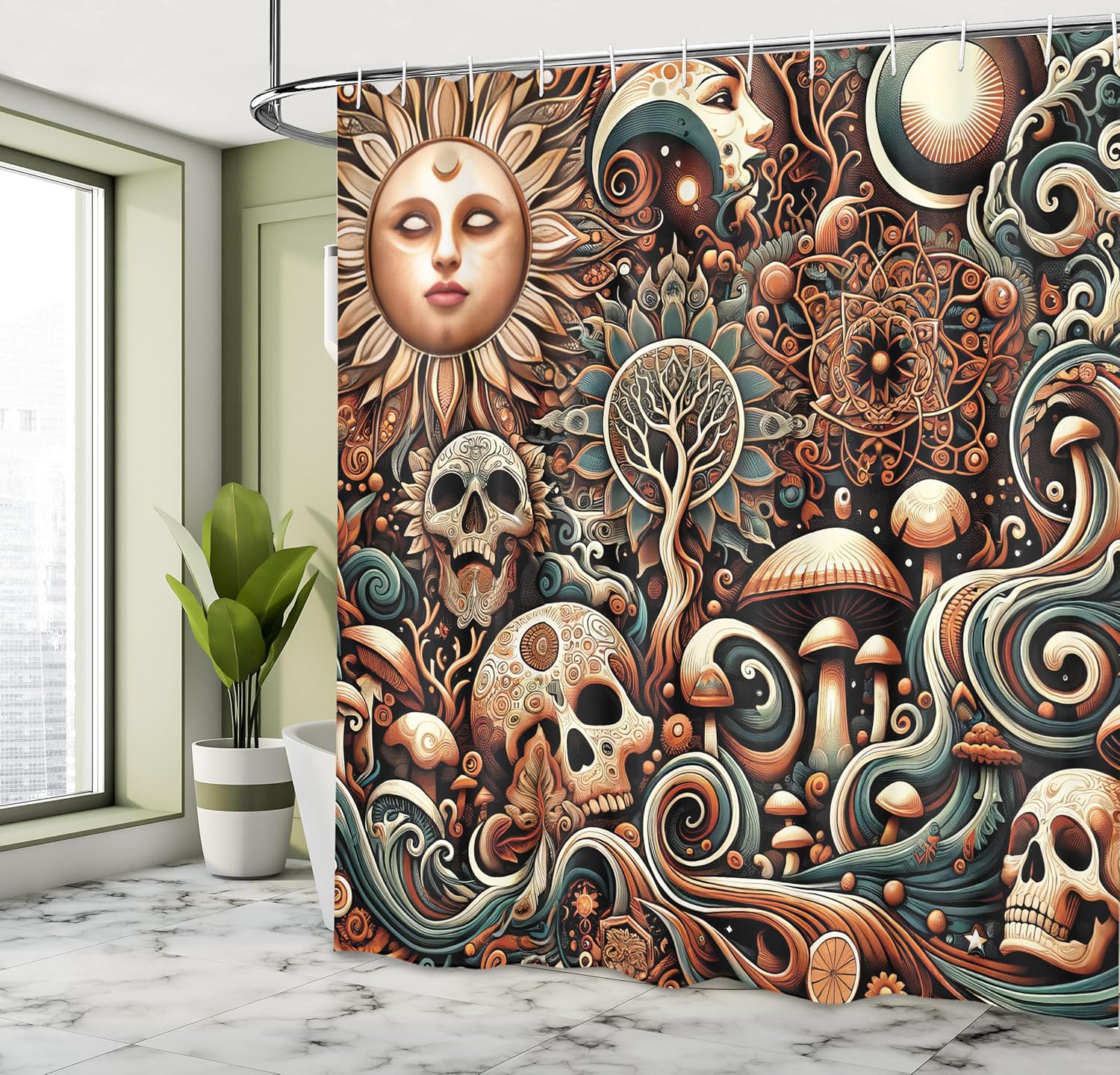 Ambesonne Boho Esoteric Shower Curtain, Deep Dark Hidden Woodland Sun Skulls Waves Mandala Mushrooms, Cloth Fabric Bathroom Decor Set with Hooks, 69" W x 75" L, Cream Paprika Cadet Blue