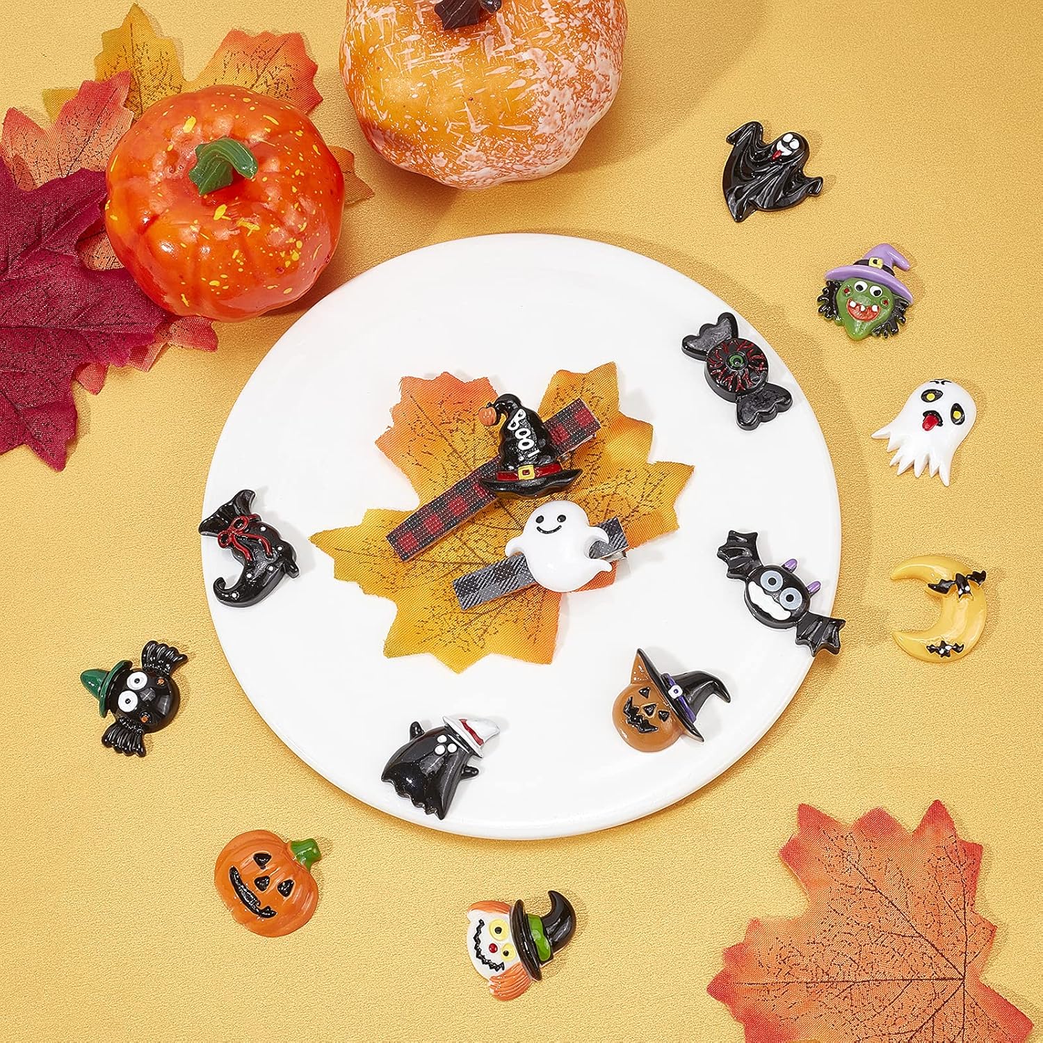 SUNNYCLUE 1 Box 40Pcs 20 Styles Halloween Cabochon Resin Flatback Colorful Pumpkin Cabochons Skull Owl Ghost Candy Moon for DIY Scrapbooking Embellishments Crafts Making Supplies