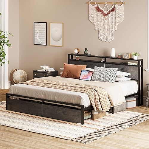 Miniatura 17 de LIKIMIO Base de cama Queen con cabecera de almacenamiento, cama de plataforma con cajones y estación de carga, no necesita somier, fácil montaje,