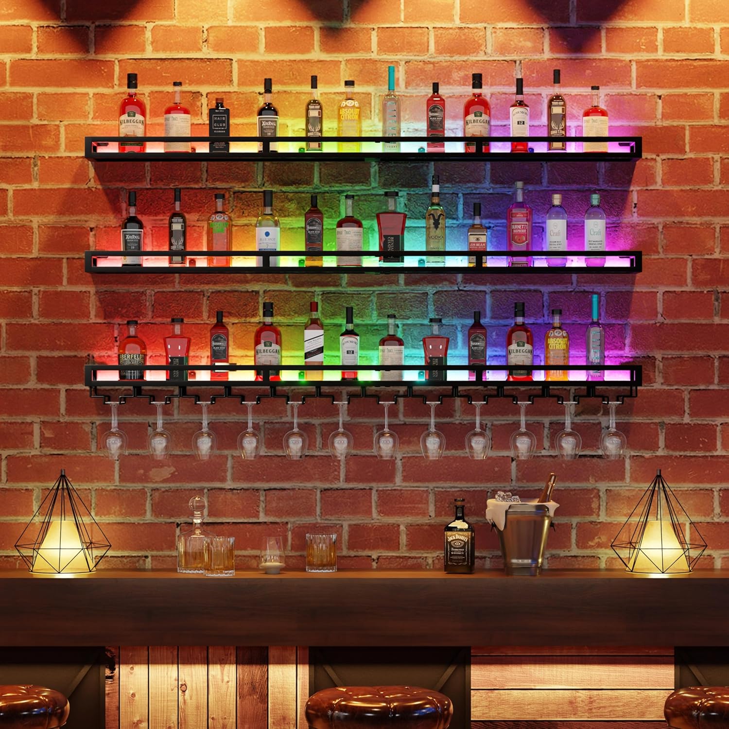 Wall Mounted Wine Rack Set of 3 with RGB LED Lights, 48 Inch Metal Wall Wine Rack with Glass Holder, 3 Tier Wine Bottle Display Shelf with Hanging Stemware for Home Bar Kitchen Dining Room (Black)