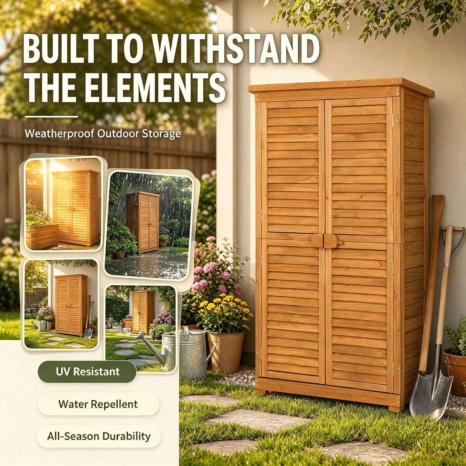 Outvita Outdoor Storage Cabinet in various weather conditions, illustrating its weather-resistant features.