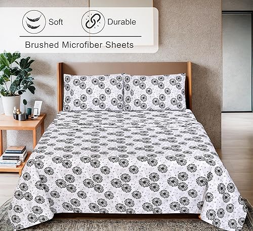 Miniatura 3 de ZOYER Juego de sábanas florales tamaño matrimonial, sábanas de microfibra de doble cepillado con flores blancas y negras ajustables hasta 15